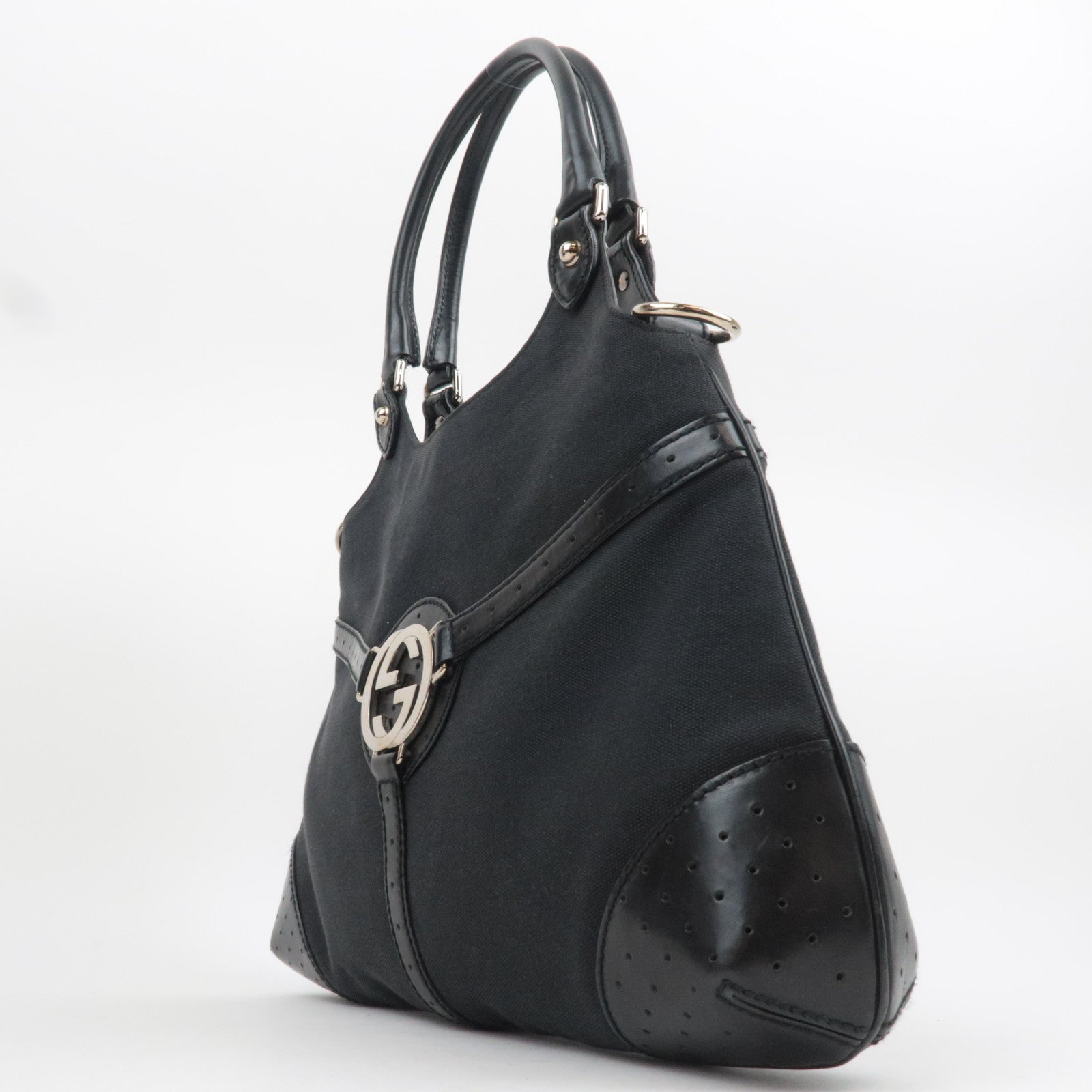 GUCCI Interlocking G Canvas Leather Shoulder Bag Black 114875