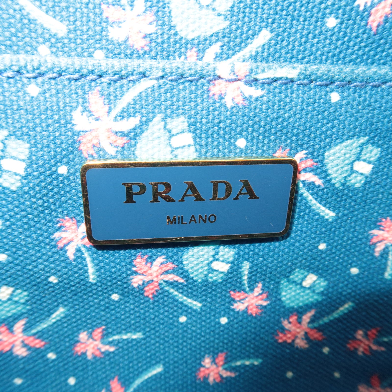 PRADA Canapa Mini Palm Tree Print Canvas Tote Bag Blue