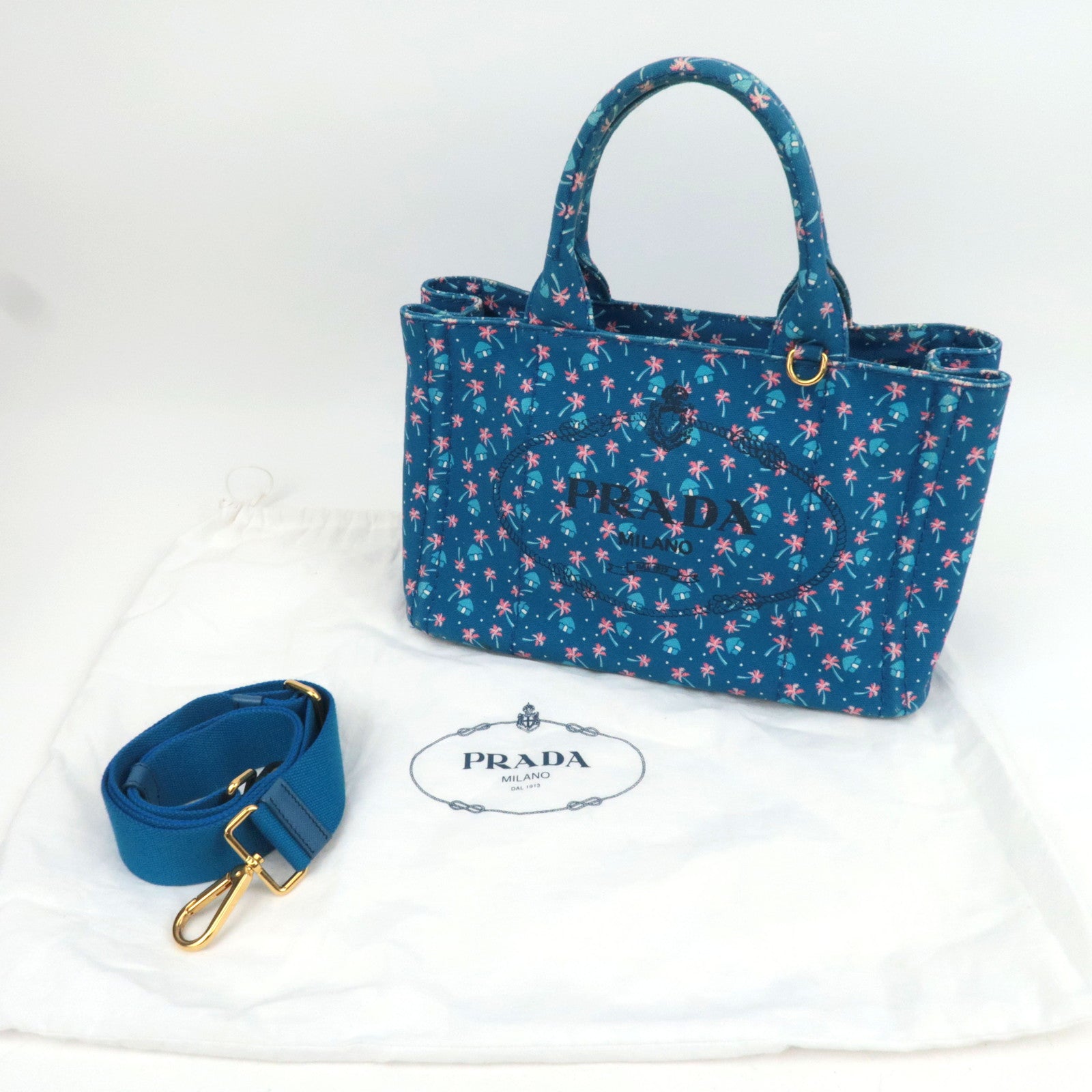 PRADA Canapa Mini Palm Tree Print Canvas Tote Bag Blue