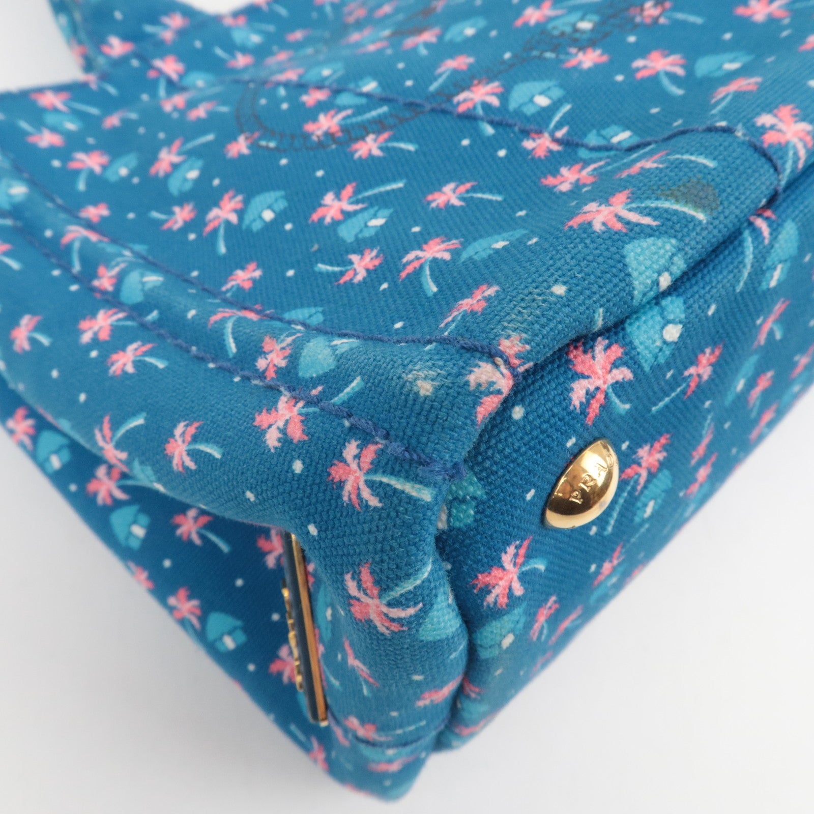 PRADA Canapa Mini Palm Tree Print Canvas Tote Bag Blue