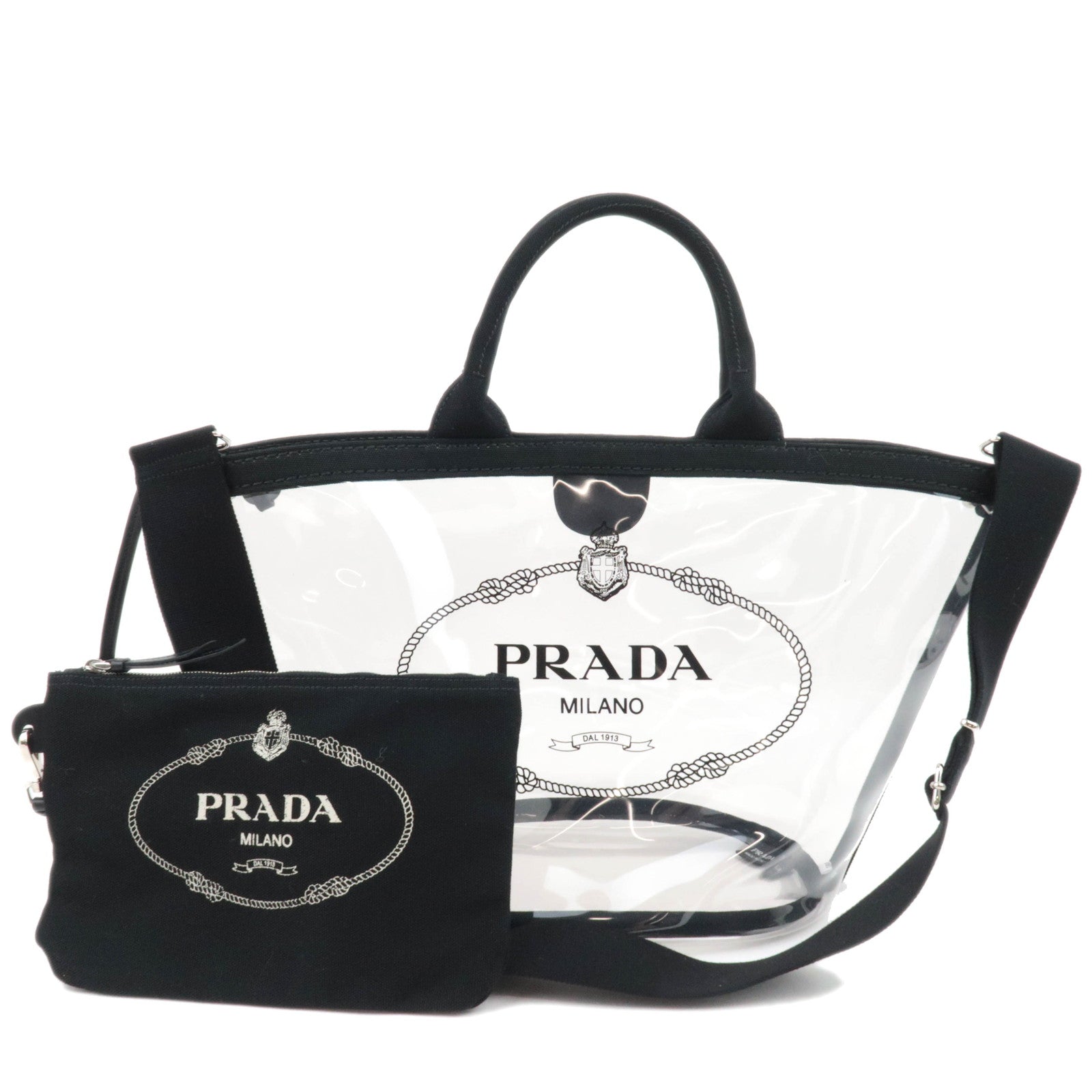 PRADA Canapa Plex Fabric 2Way Vinyl Tote Bag Clear Black 1BG16687825
