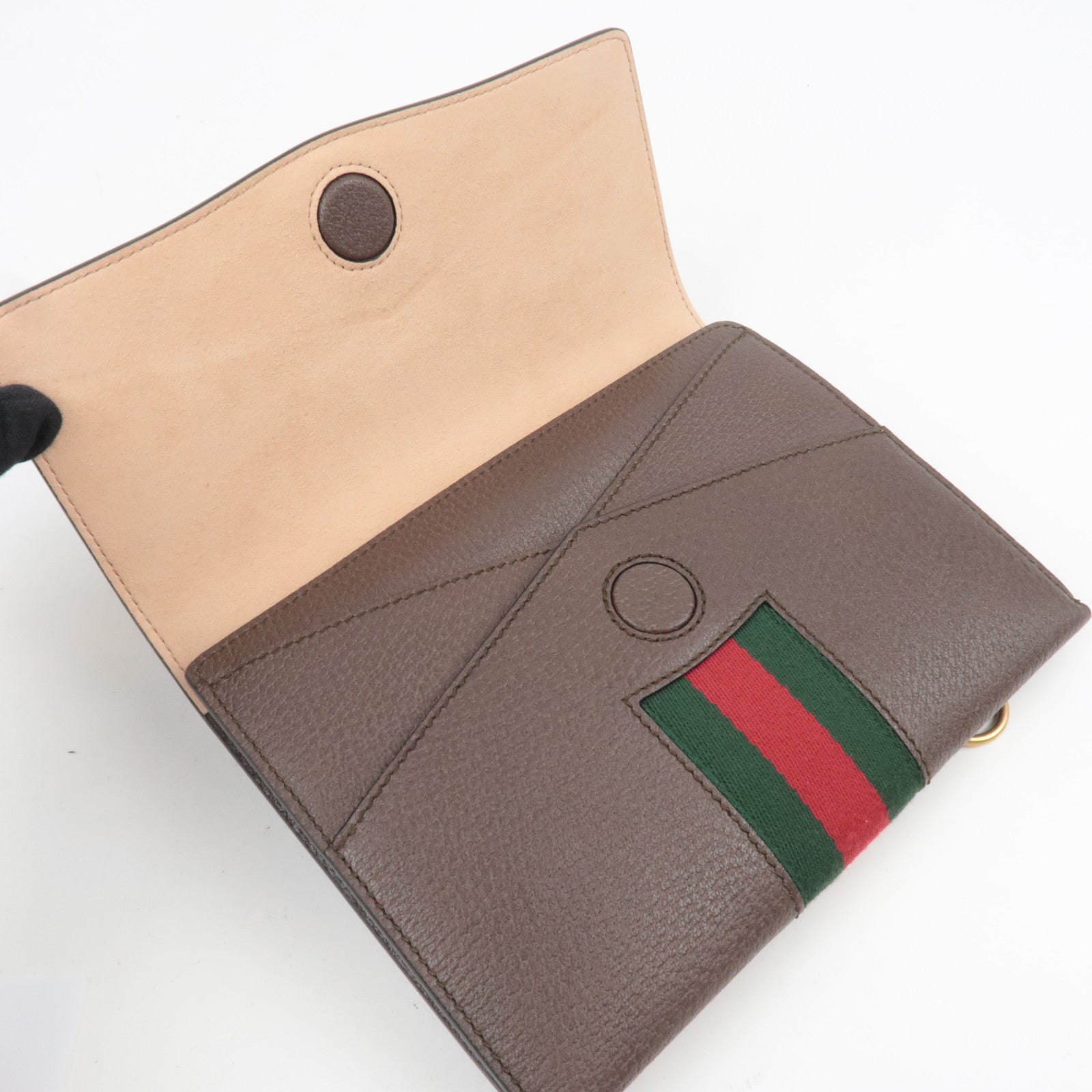 GUCCI Sherry Totem Web Portfolio Leather Clutch Bag Brown 489619