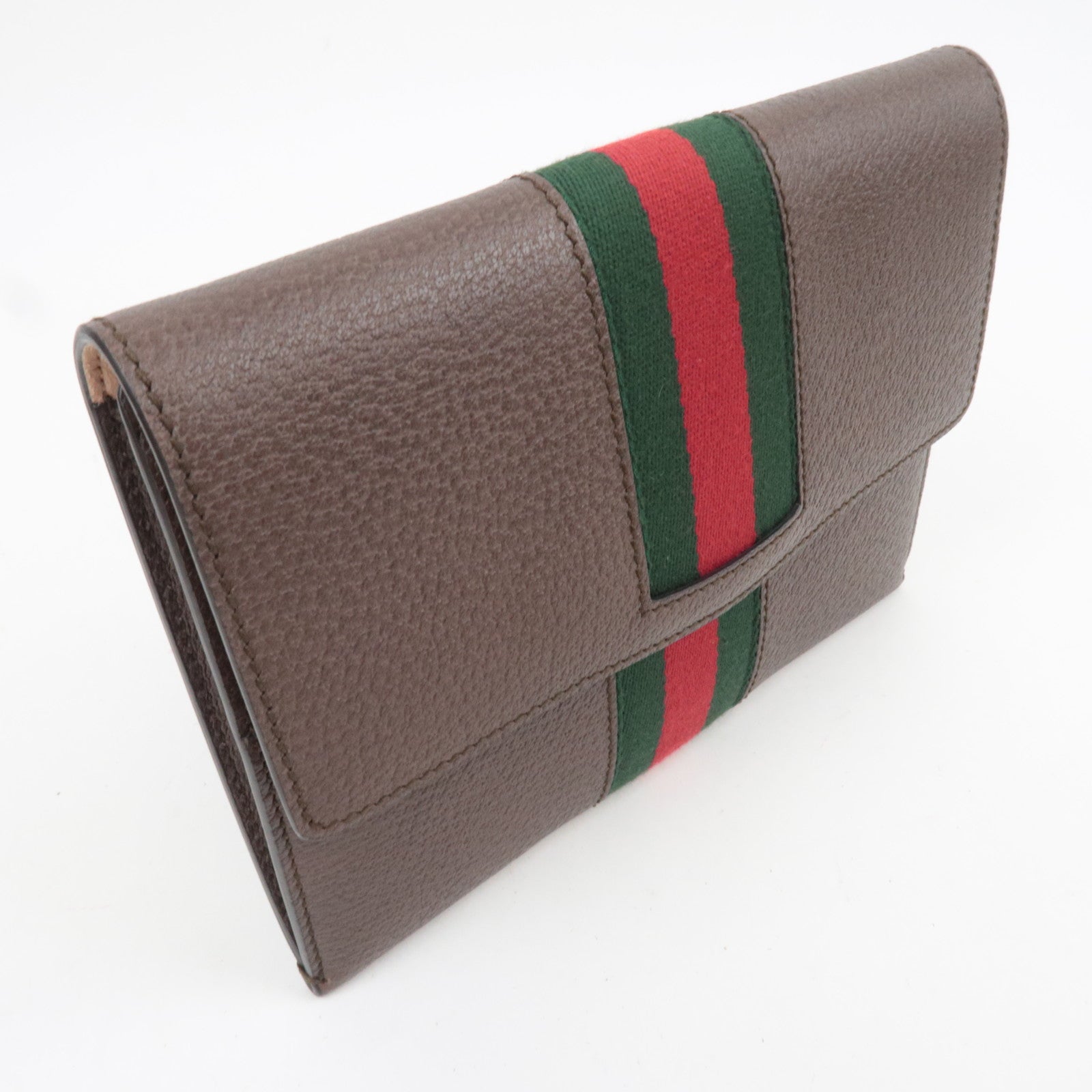 GUCCI Sherry Totem Web Portfolio Leather Clutch Bag Brown 489619