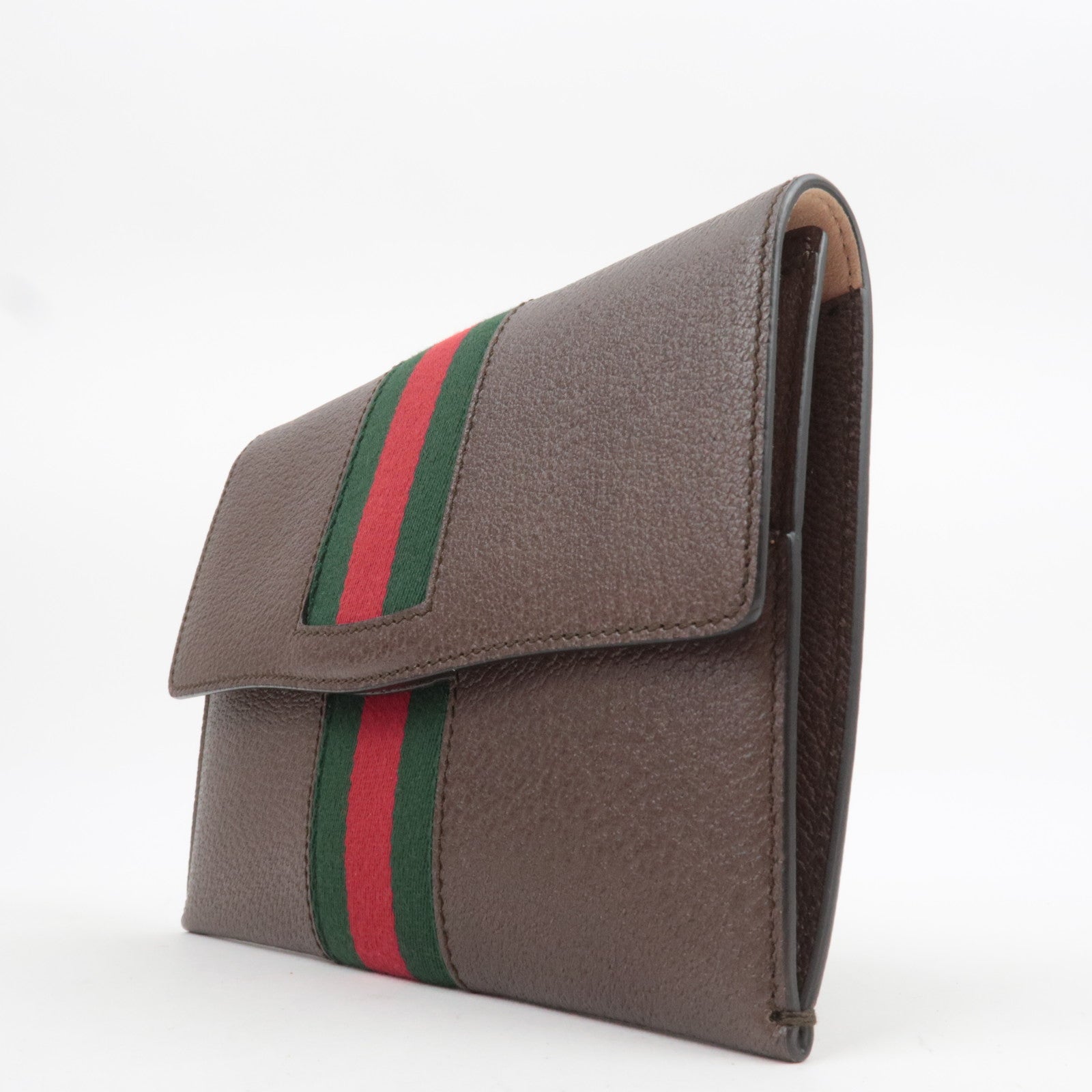 GUCCI Sherry Totem Web Portfolio Leather Clutch Bag Brown 489619