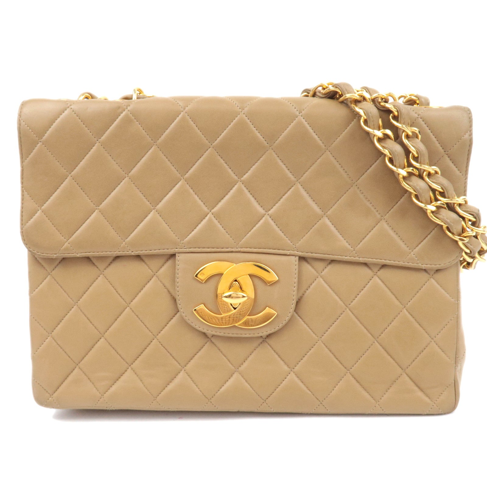 CHANEL Jumbo Matelasse 30 Lambskin Chain Shoulder Bag Beige Gold HDW87828