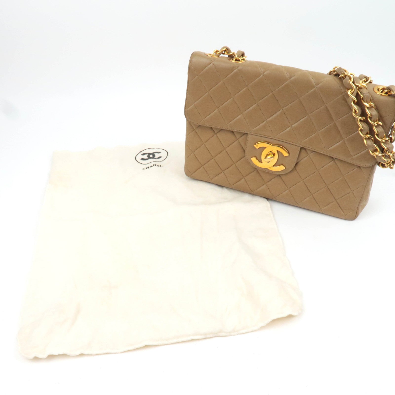 CHANEL Jumbo Matelasse 30 Lambskin Chain Shoulder Bag Beige