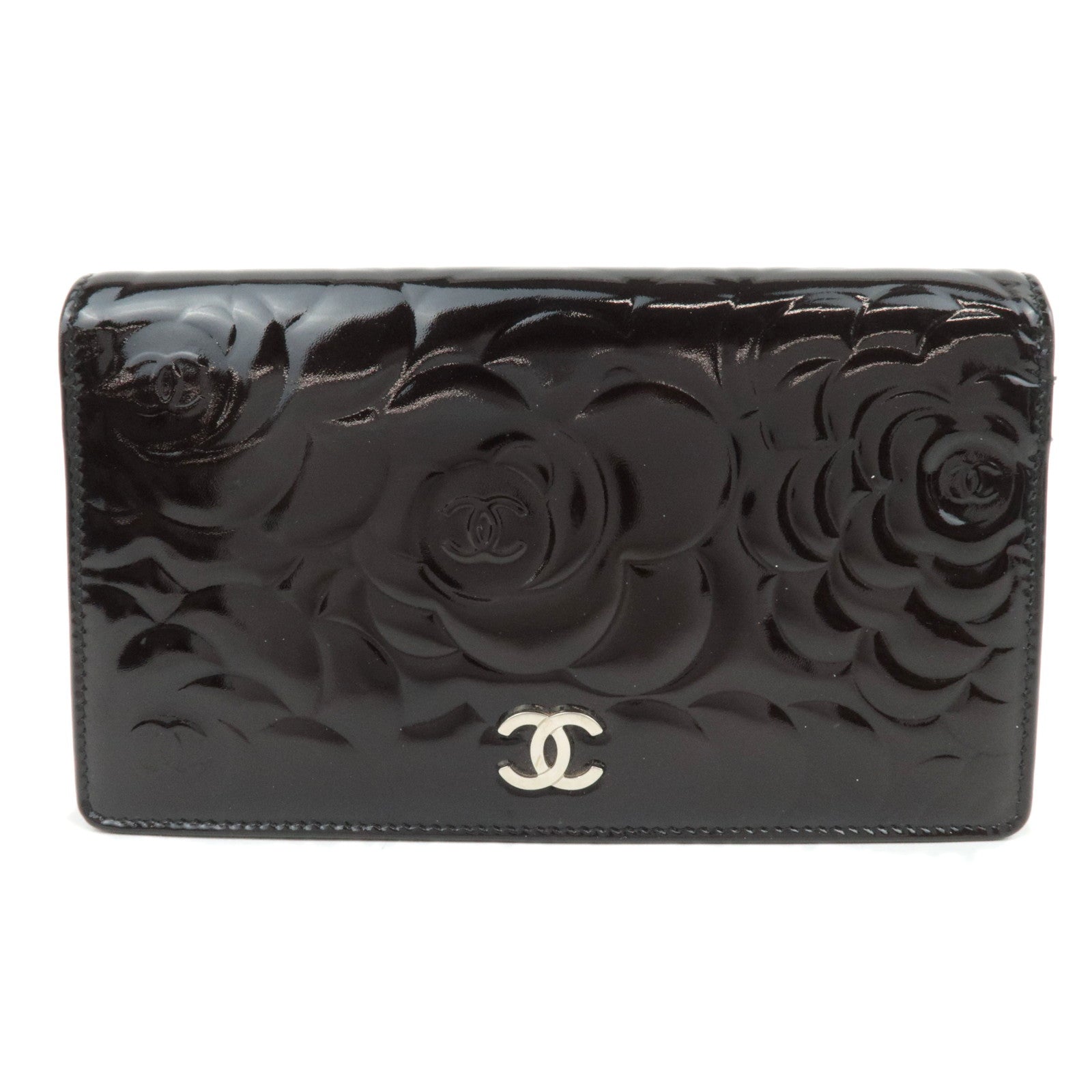 CHANEL Camellia Patent Long Wallet Black Silver HDW87895