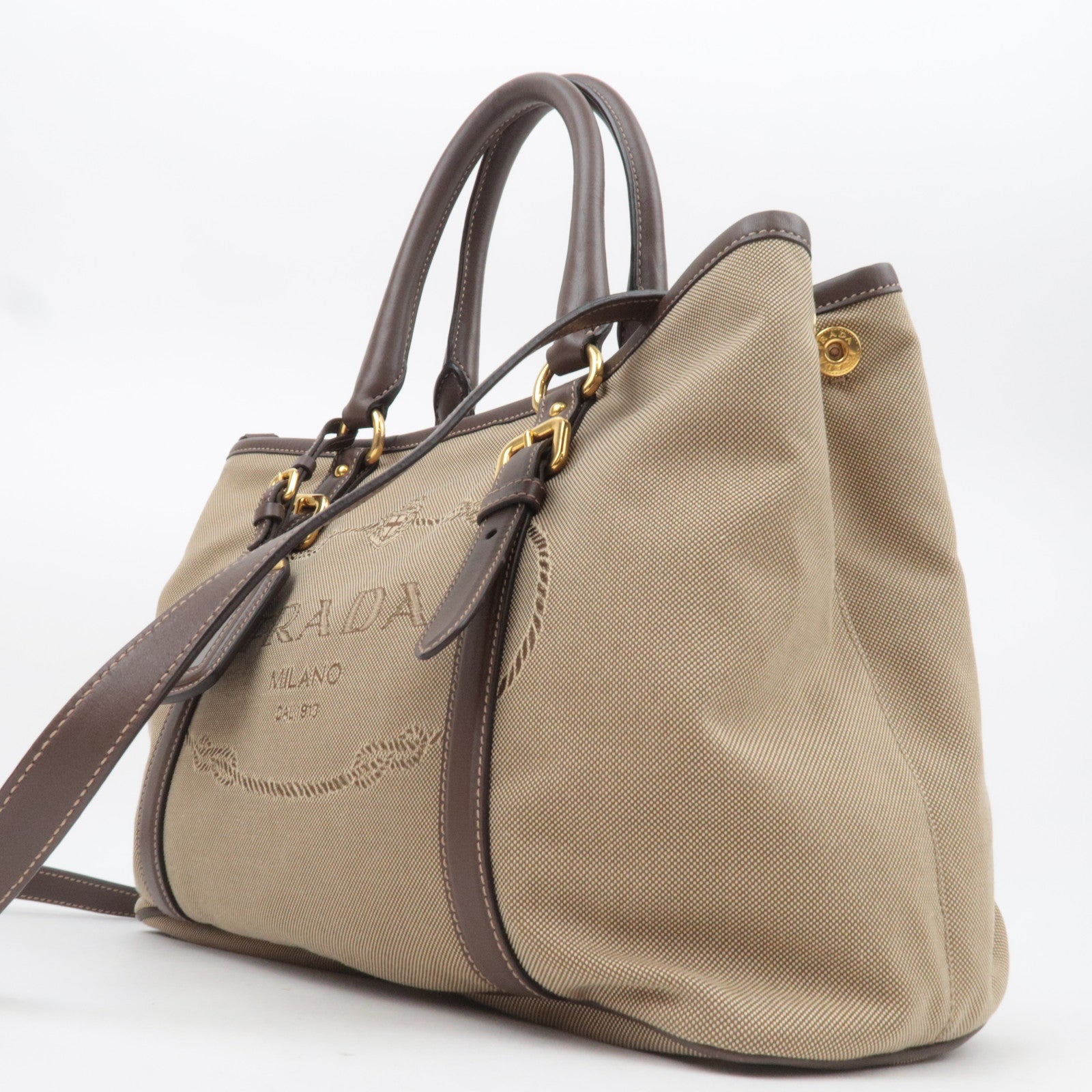PRADA 2Way Logo Jacquard Tote Bag Khaki Brown