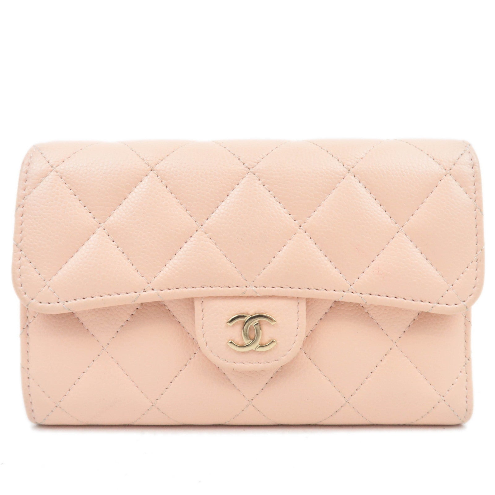 CHANEL Coco Mark Matelasse Caviarskin Wallet Pink Beige88084