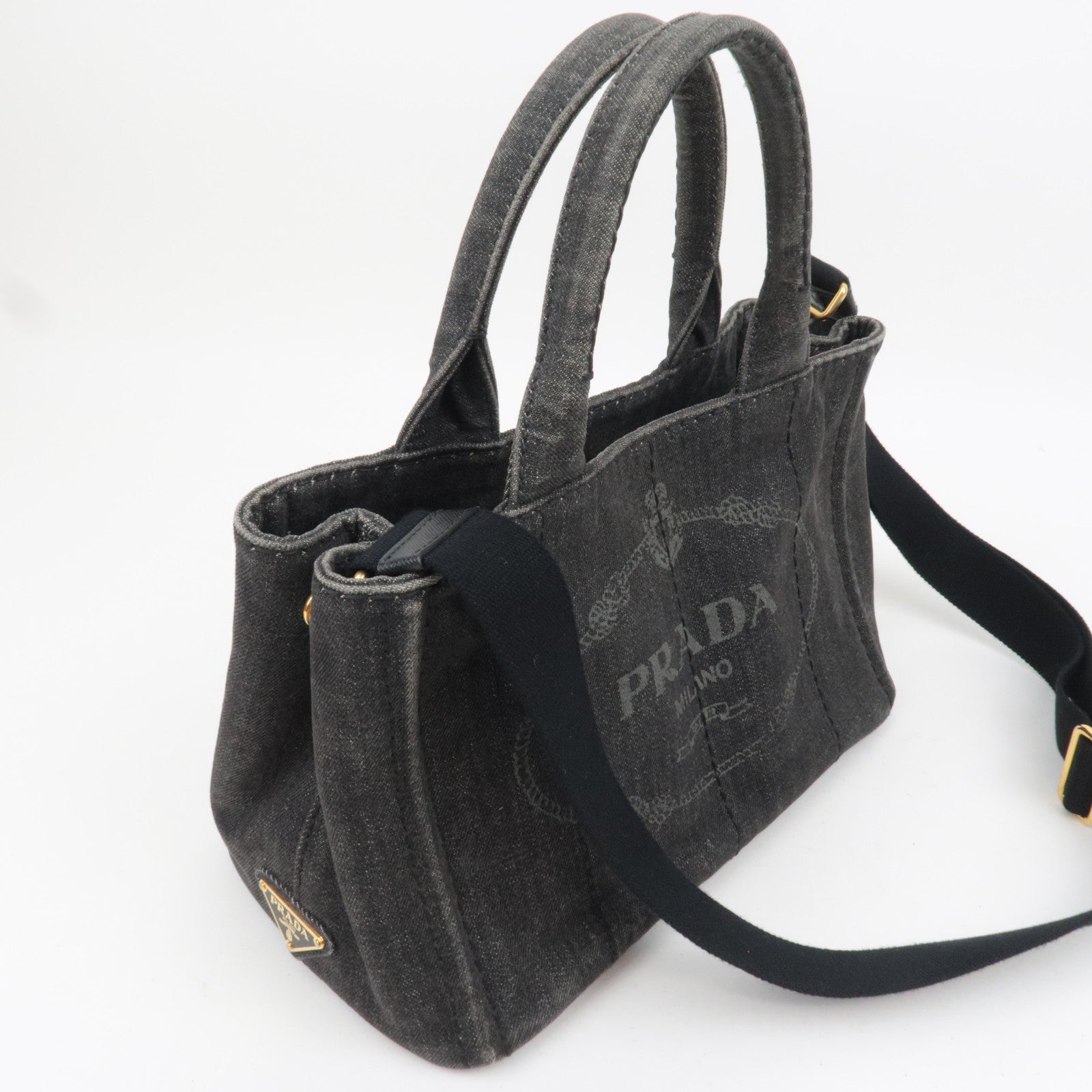 PRADA Canapa Mini 2Way Denim Tote Bag Black 1BG439