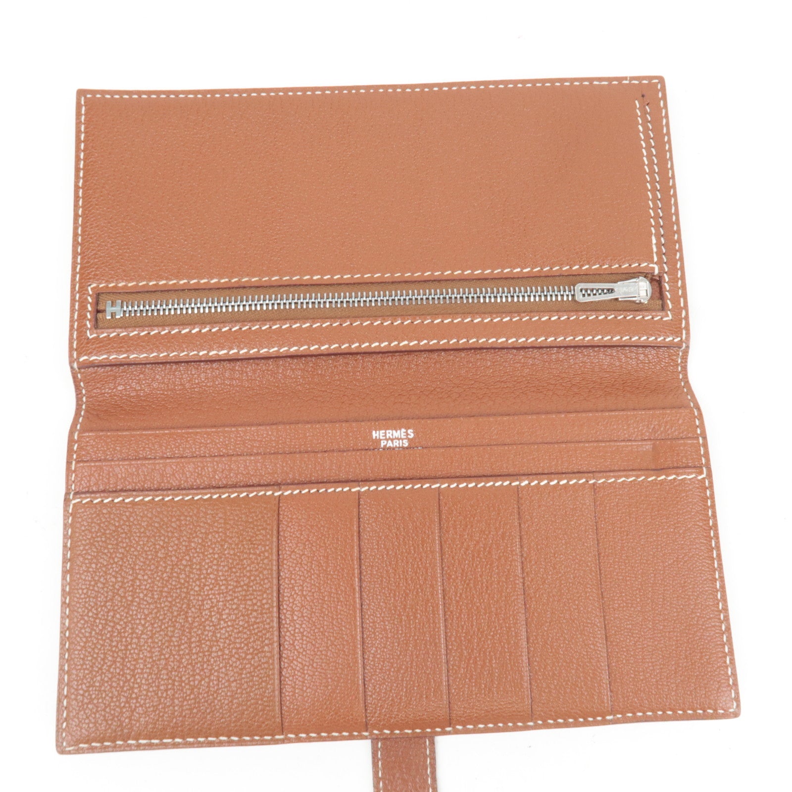 HERMES Bearn Classic Leather Long Wallet  □I Stamp (2005) Brown Silver HDW