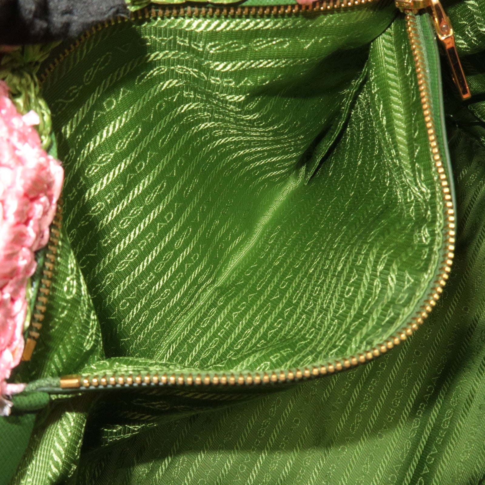 PRADA Canapa Raffia Crochet Tote Bag Pink Green BN2302