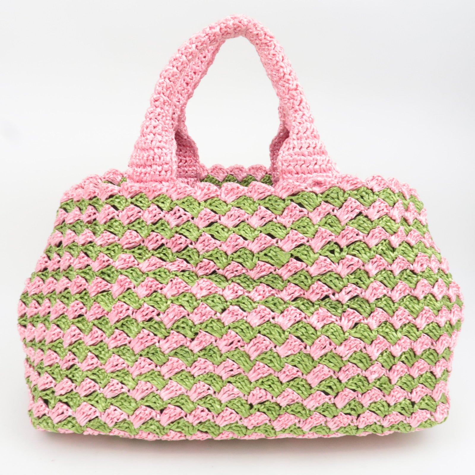 PRADA Canapa Raffia Crochet Tote Bag Pink Green BN2302