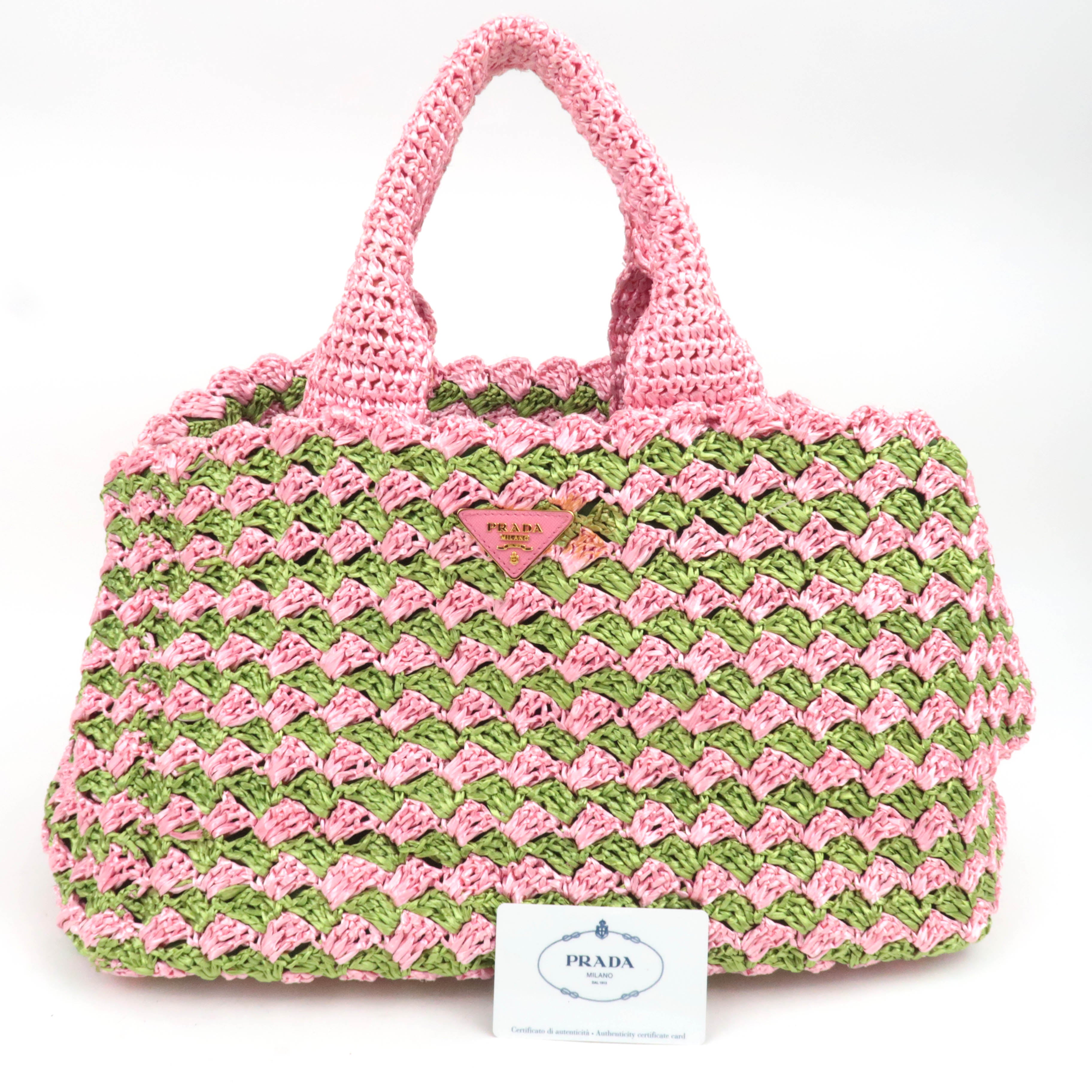 PRADA Canapa Raffia Crochet Tote Bag Pink Green BN2302
