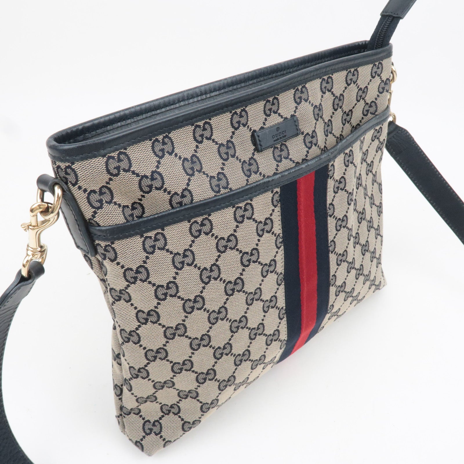 GUCCI Sherry GG Canvas Shoulder Bag Beige Navy 388926