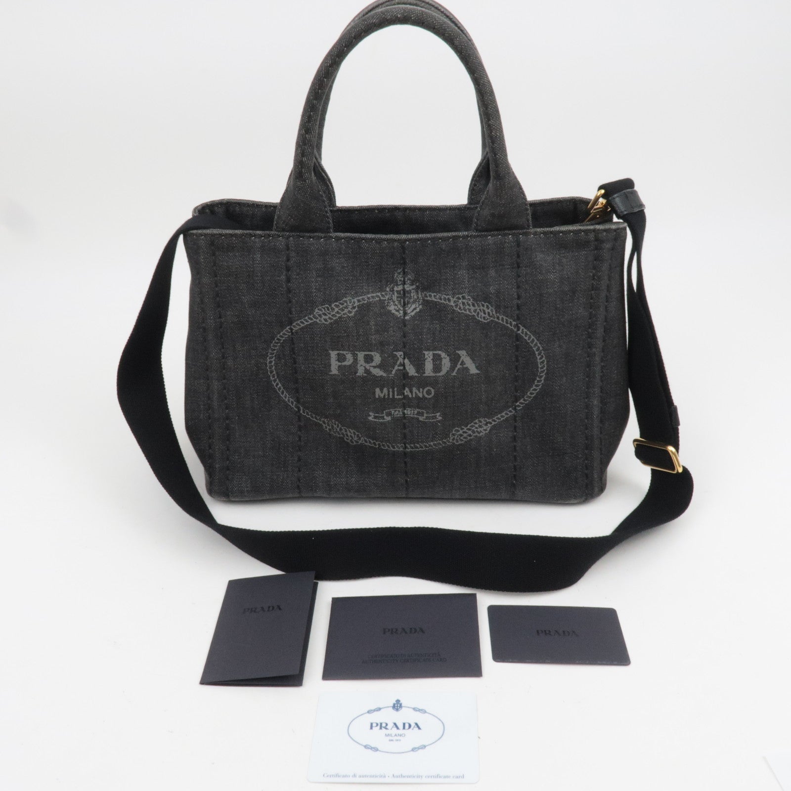 PRADA Canapa Mini 2Way Denim Tote Bag Black 1BG439