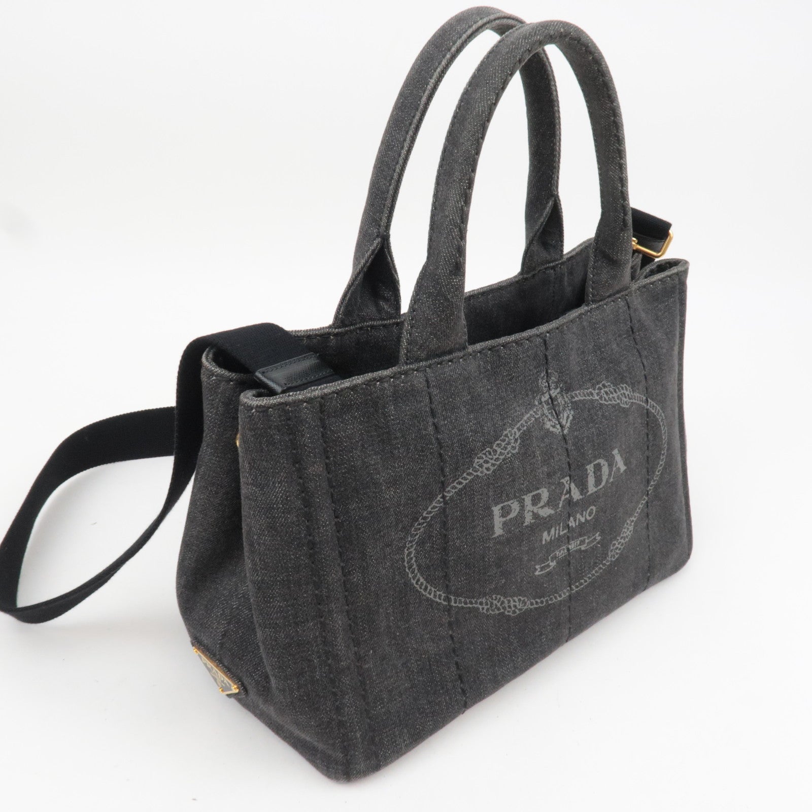 PRADA Canapa Mini 2Way Denim Tote Bag Black 1BG439