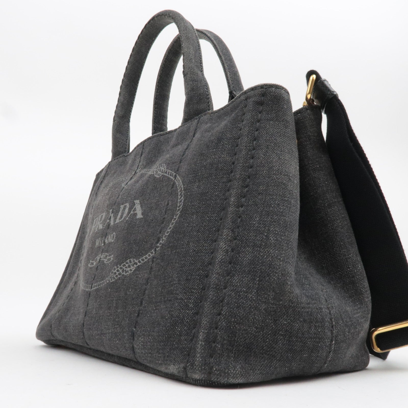 PRADA Canapa Mini 2Way Denim Tote Bag Black 1BG439
