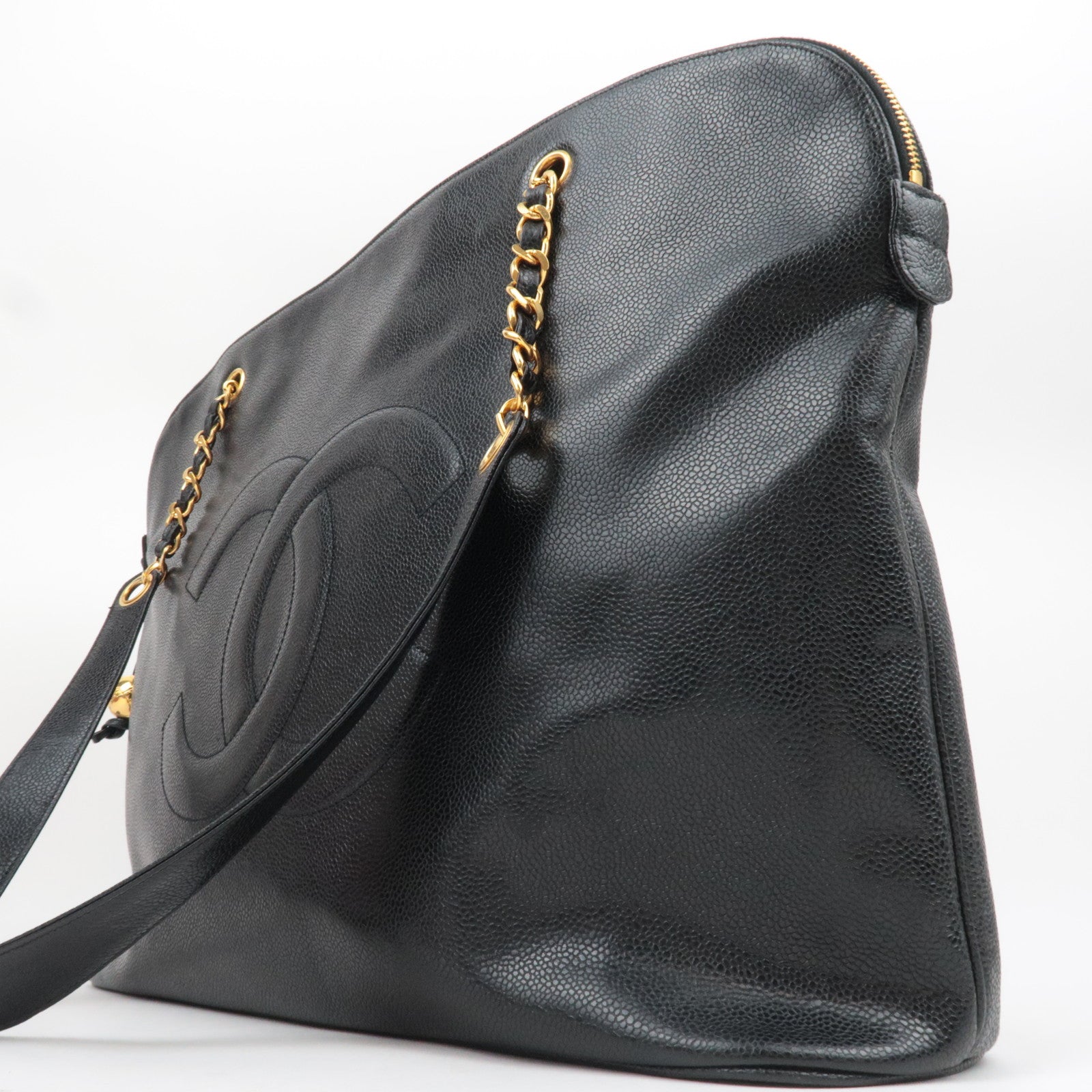 CHANEL Coco Mark Caviarskin Chain Tote Bag Black Gold HDW