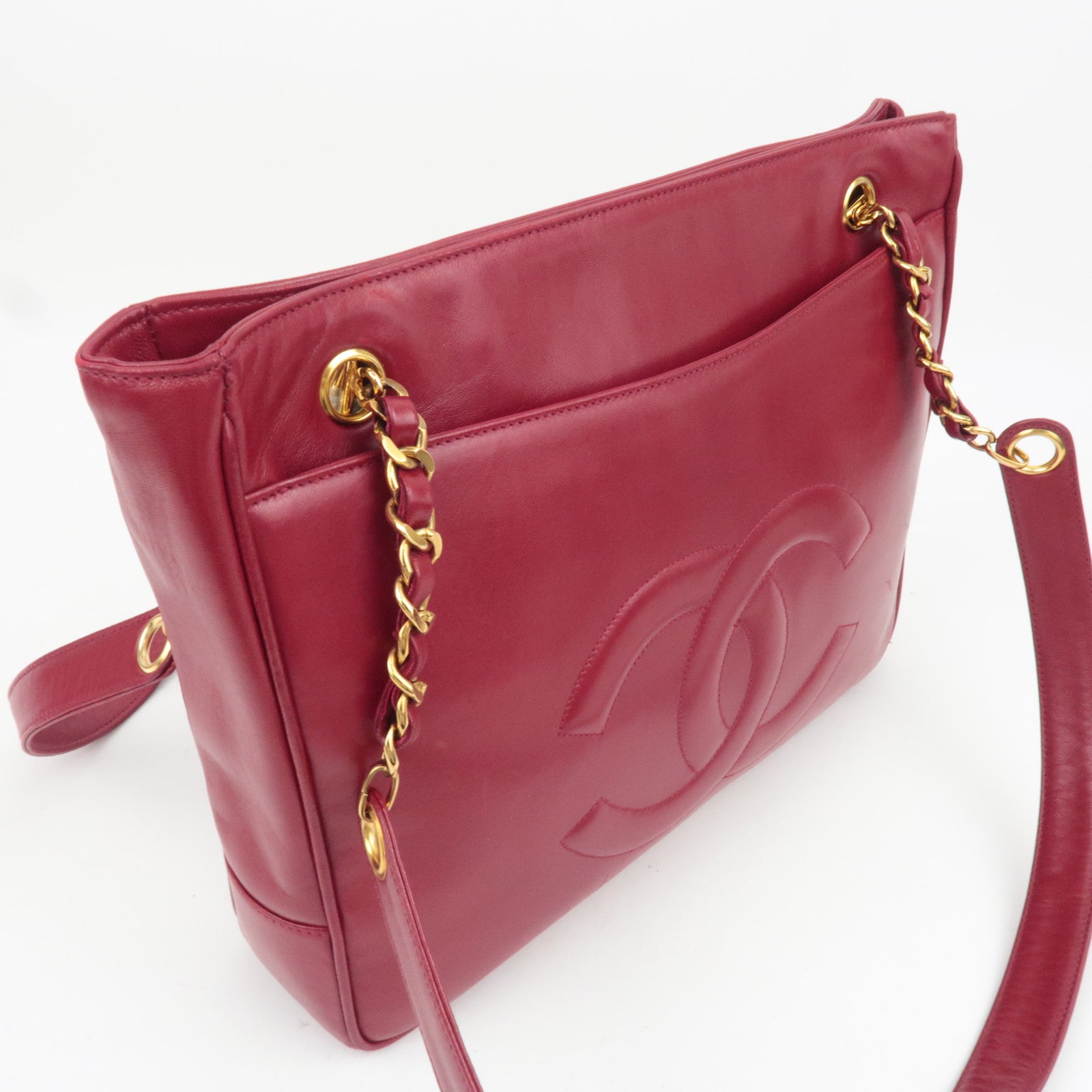 CHANEL Coco Mark Lambskin Chain Tote Bag Red Gold HDW