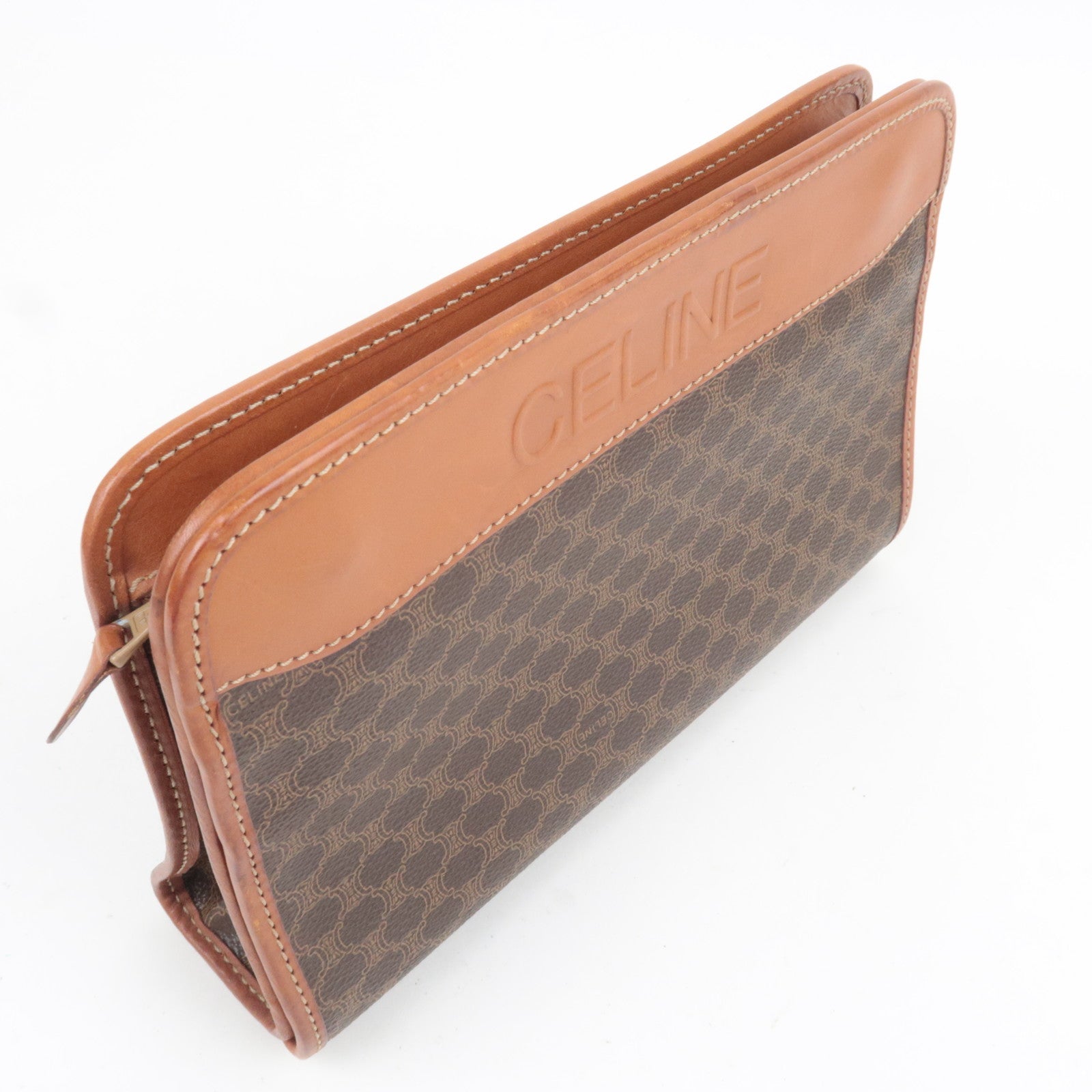 CELINE Macadam PVC Leather Clutch Bag Brown