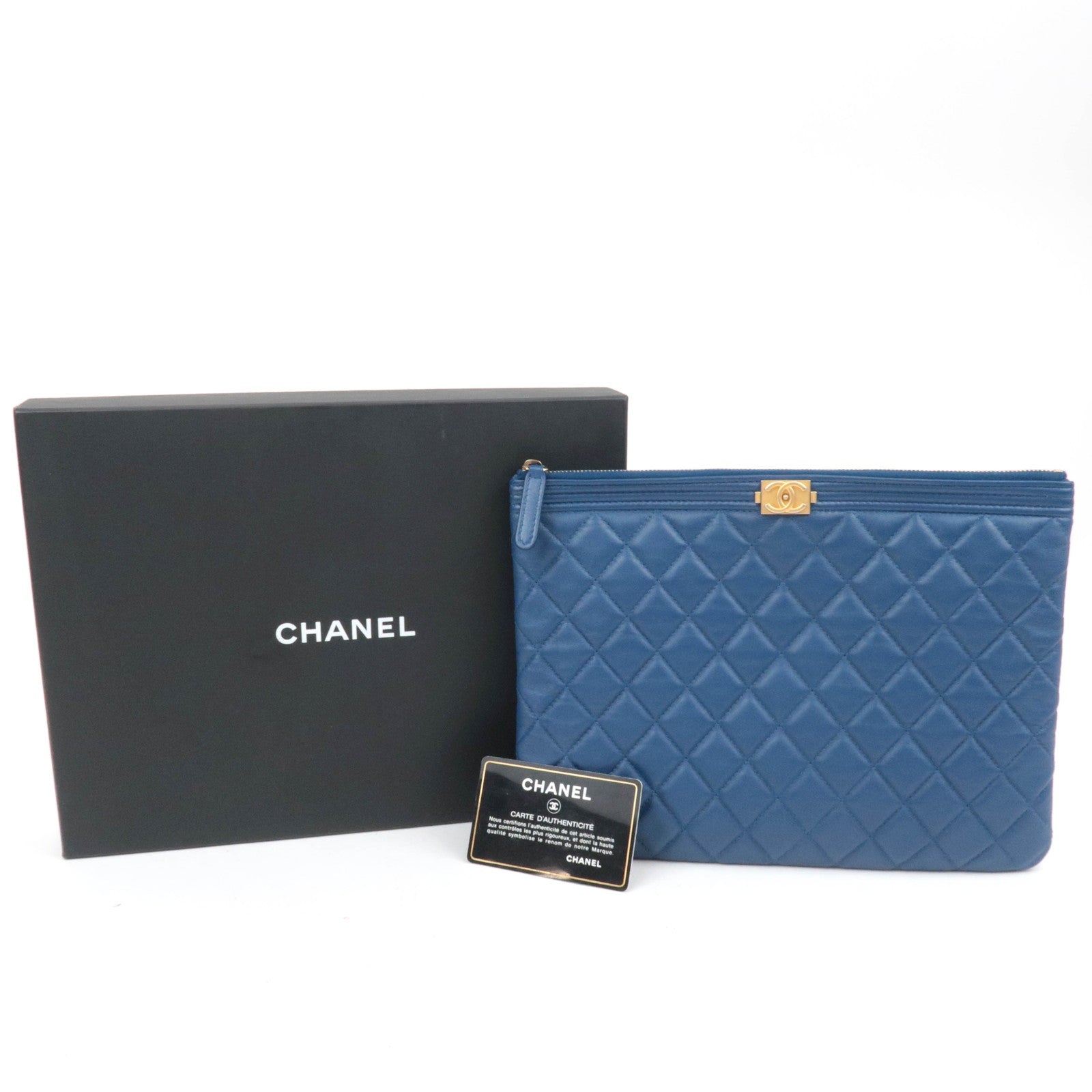CHANEL Boy Chanel Lambskin Clutch Bag Blue Gold HDW