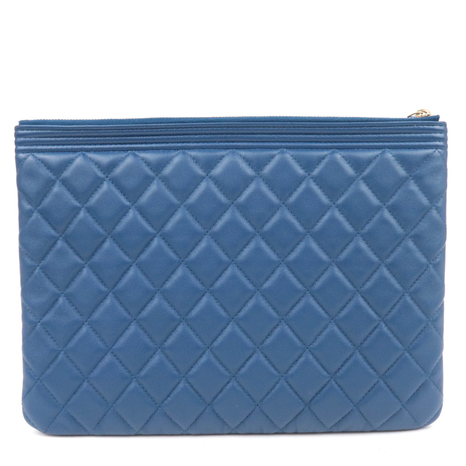 CHANEL Boy Chanel Lambskin Clutch Bag Blue Gold HDW