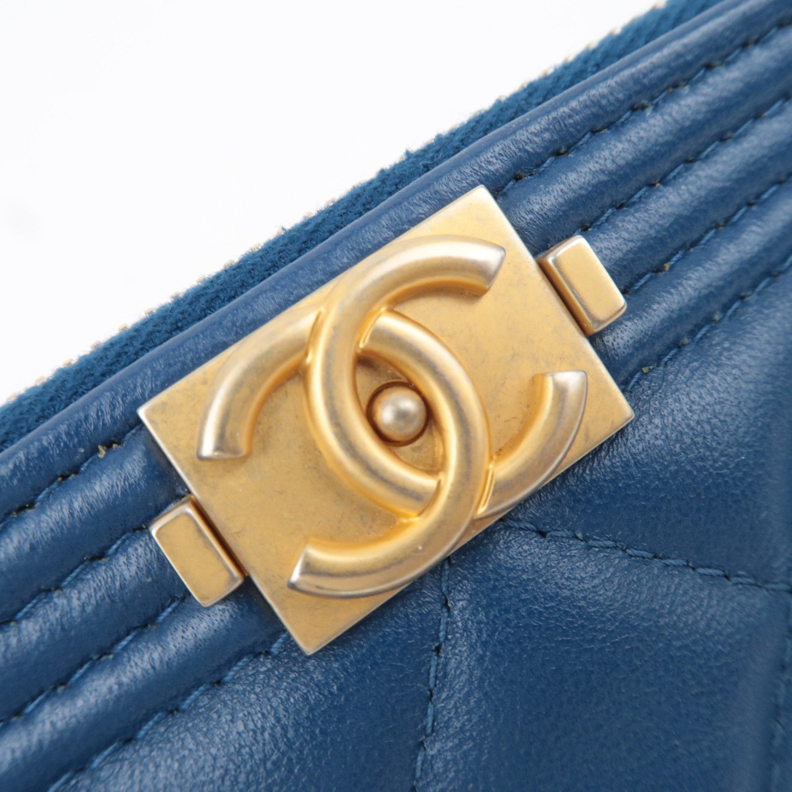 CHANEL Boy Chanel Lambskin Clutch Bag Blue Gold HDW