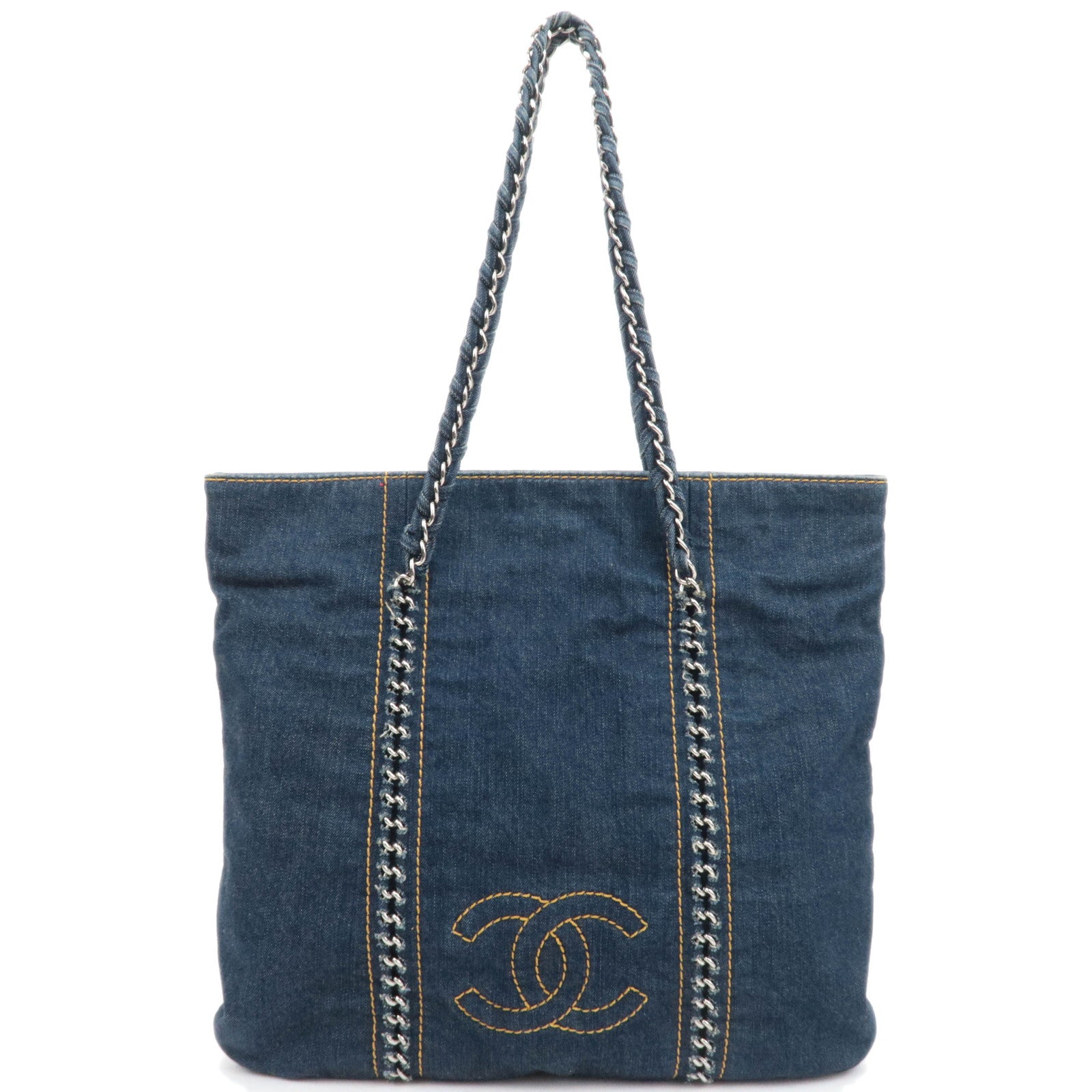 CHANEL Coco Mark Denim Chain Tote Bag Blue88412
