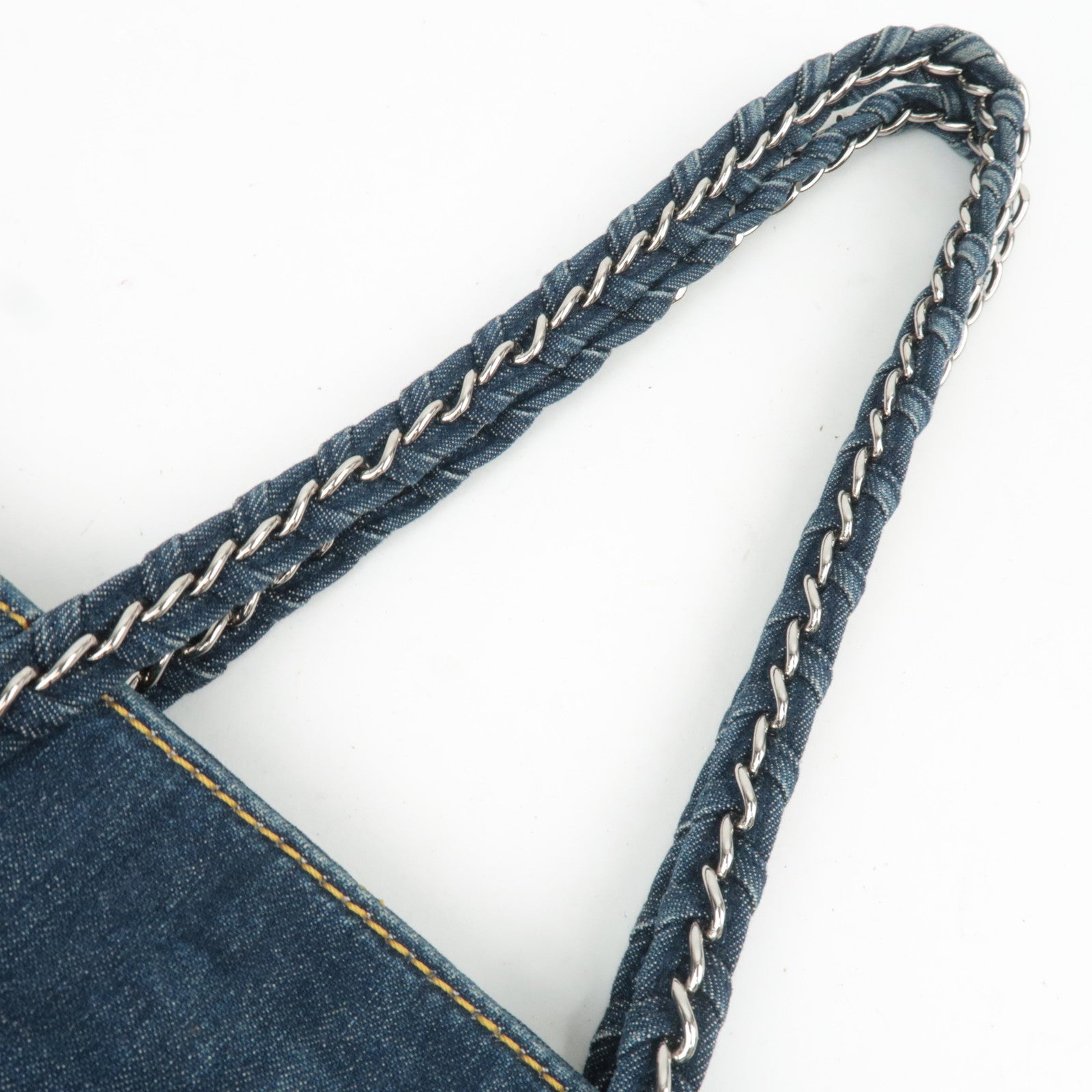 CHANEL Coco Mark Denim Chain Tote Bag Blue