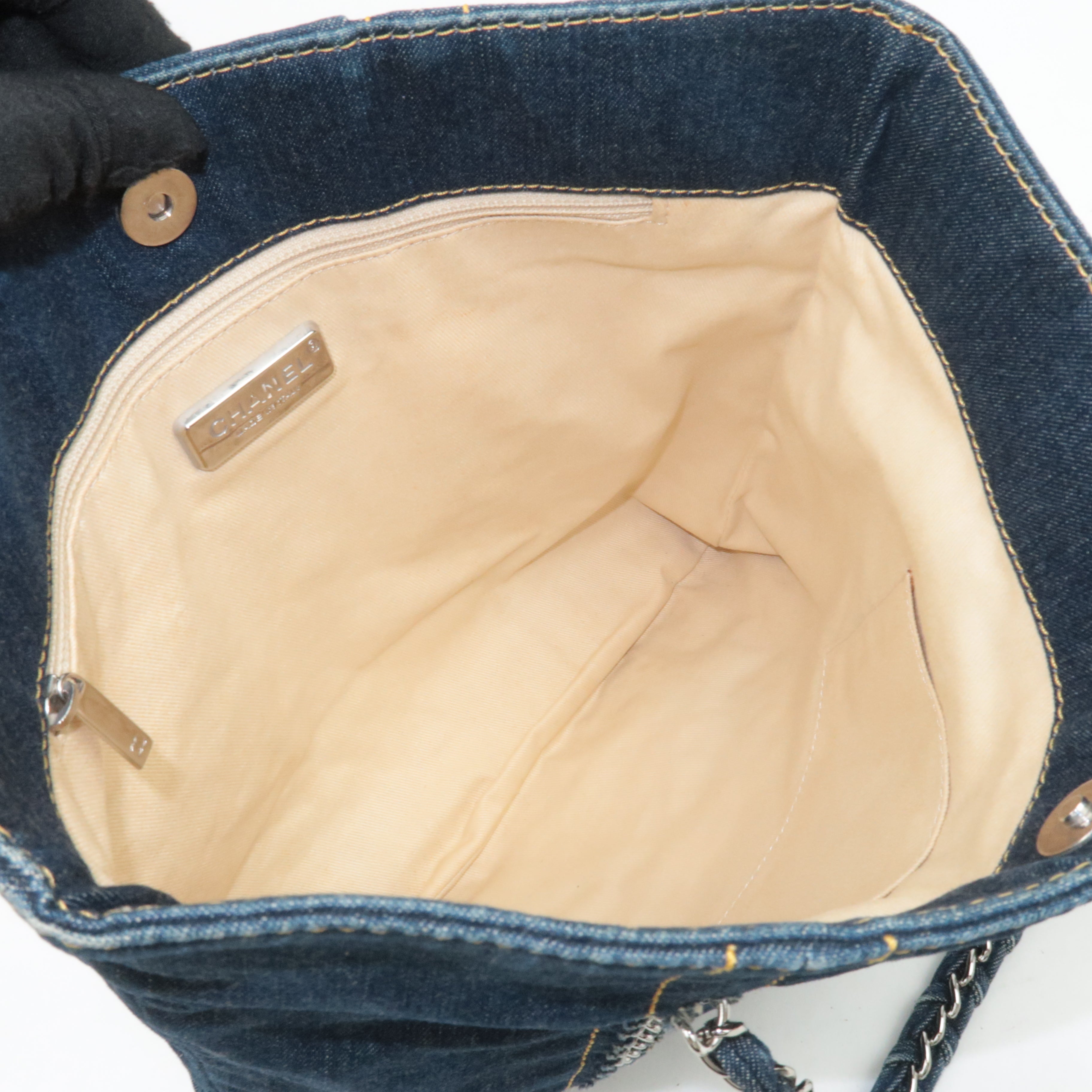 CHANEL Coco Mark Denim Chain Tote Bag Blue