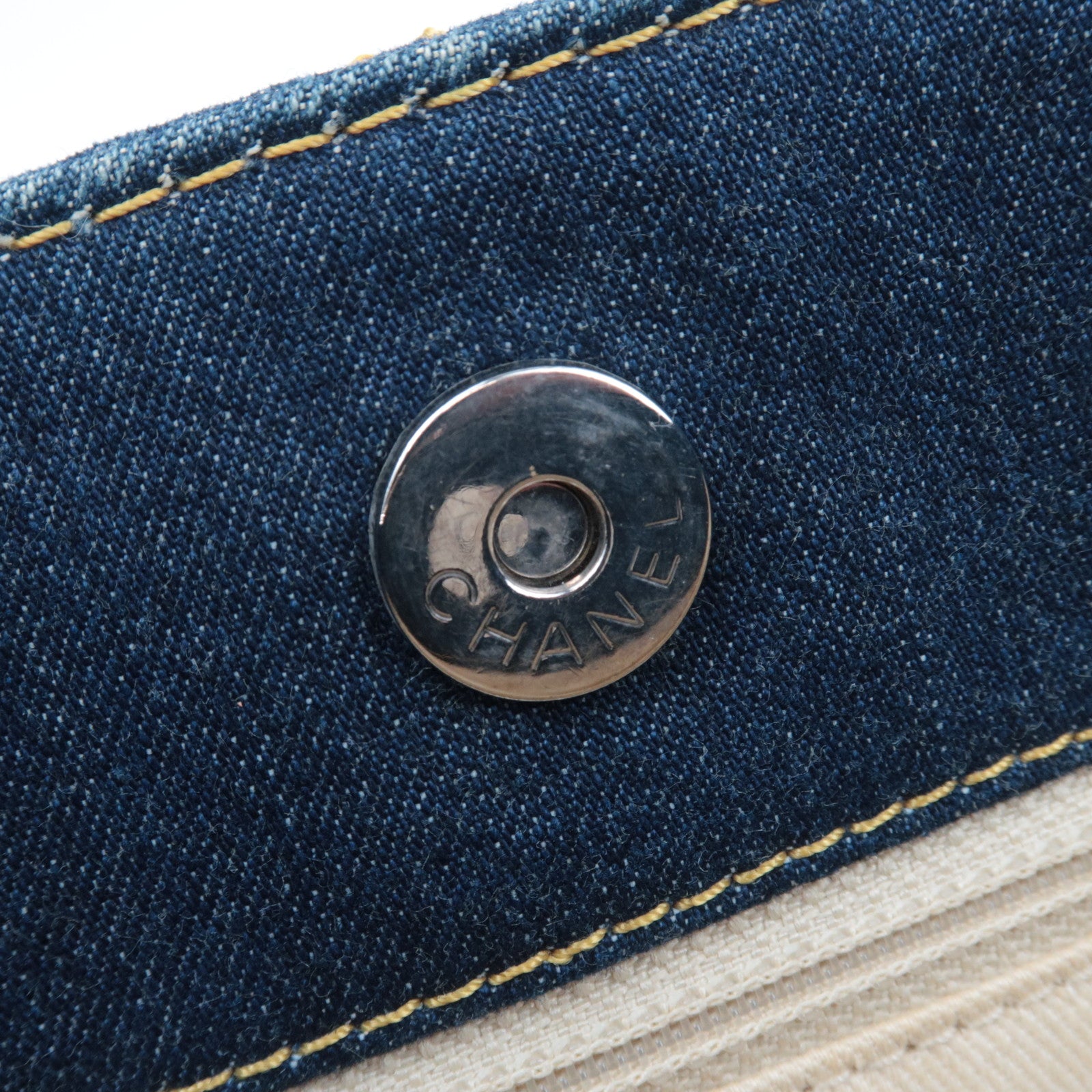 CHANEL Coco Mark Denim Chain Tote Bag Blue