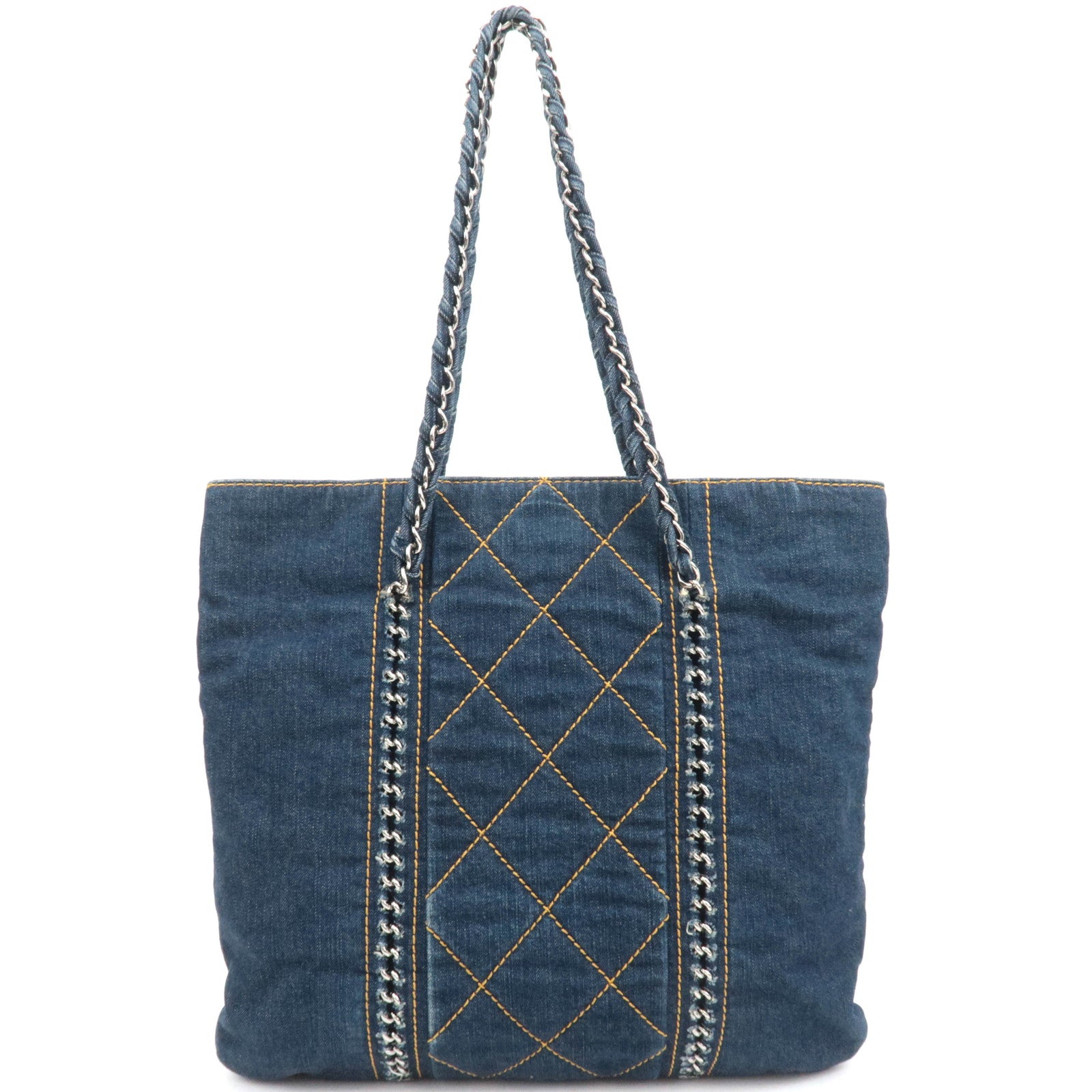 CHANEL Coco Mark Denim Chain Tote Bag Blue