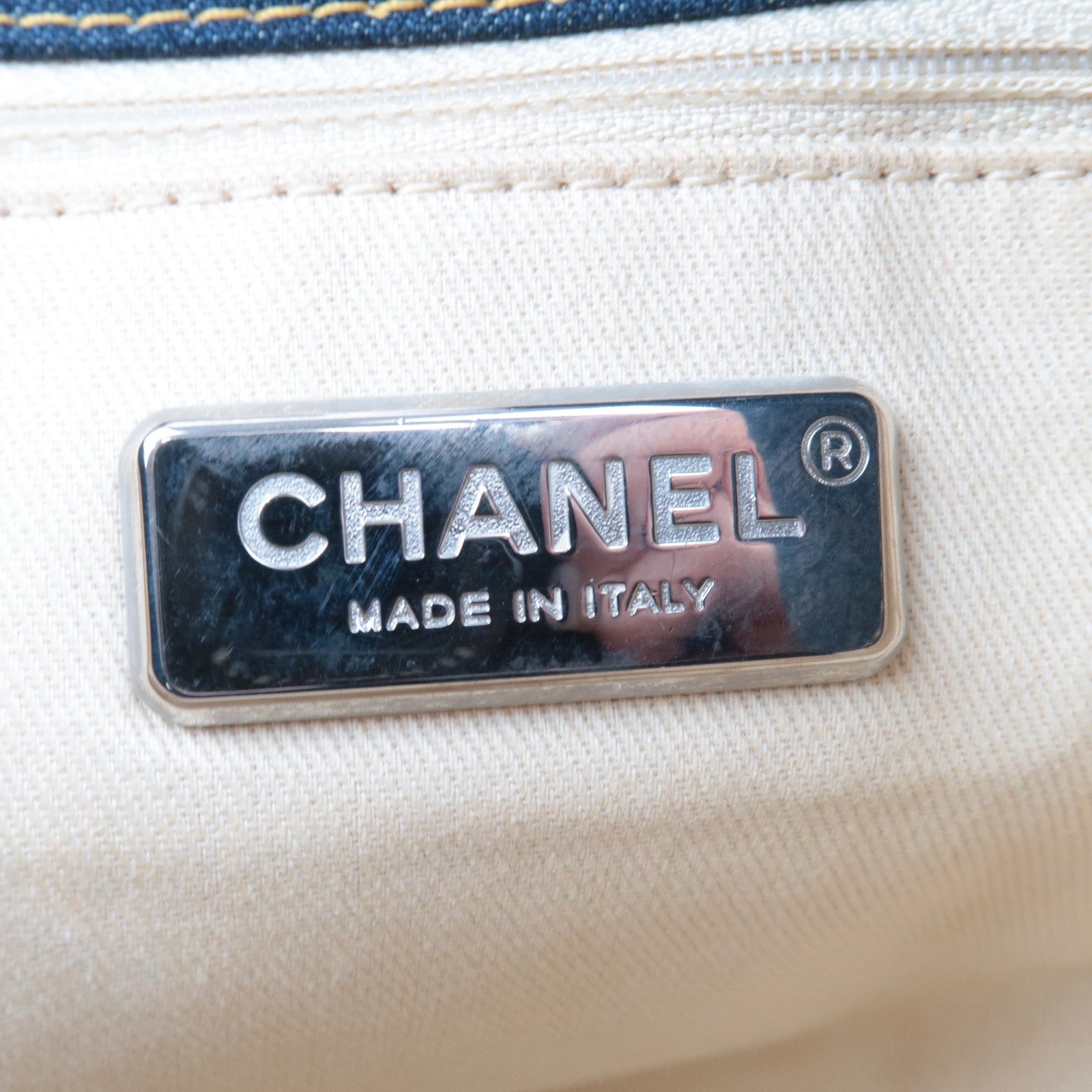 CHANEL Coco Mark Denim Chain Tote Bag Blue