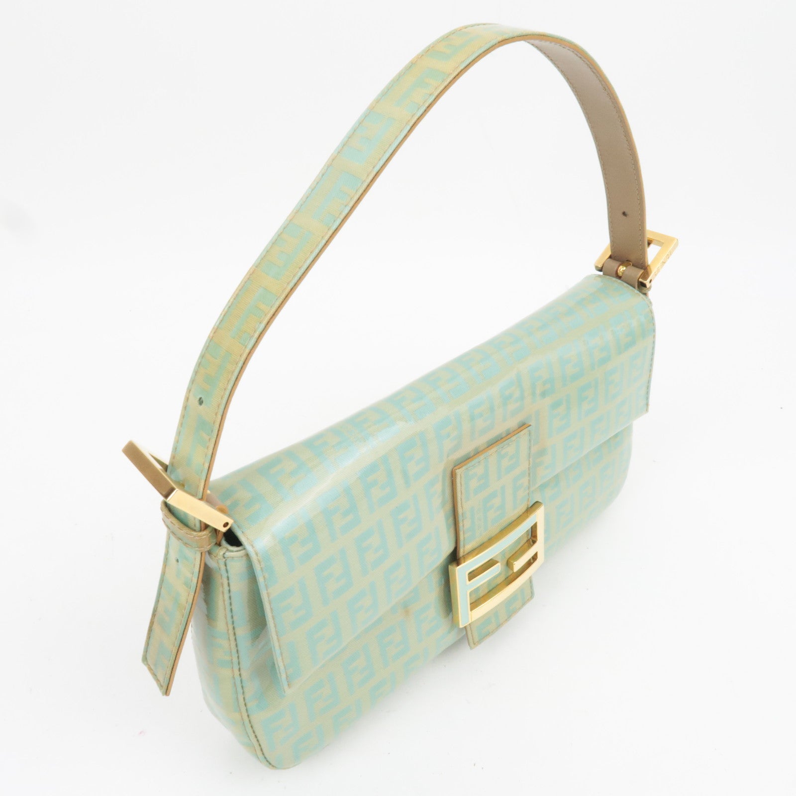 FENDI Zucchino Mamma Baguette Vinyl Shoulder Bag Light Blue 26424
