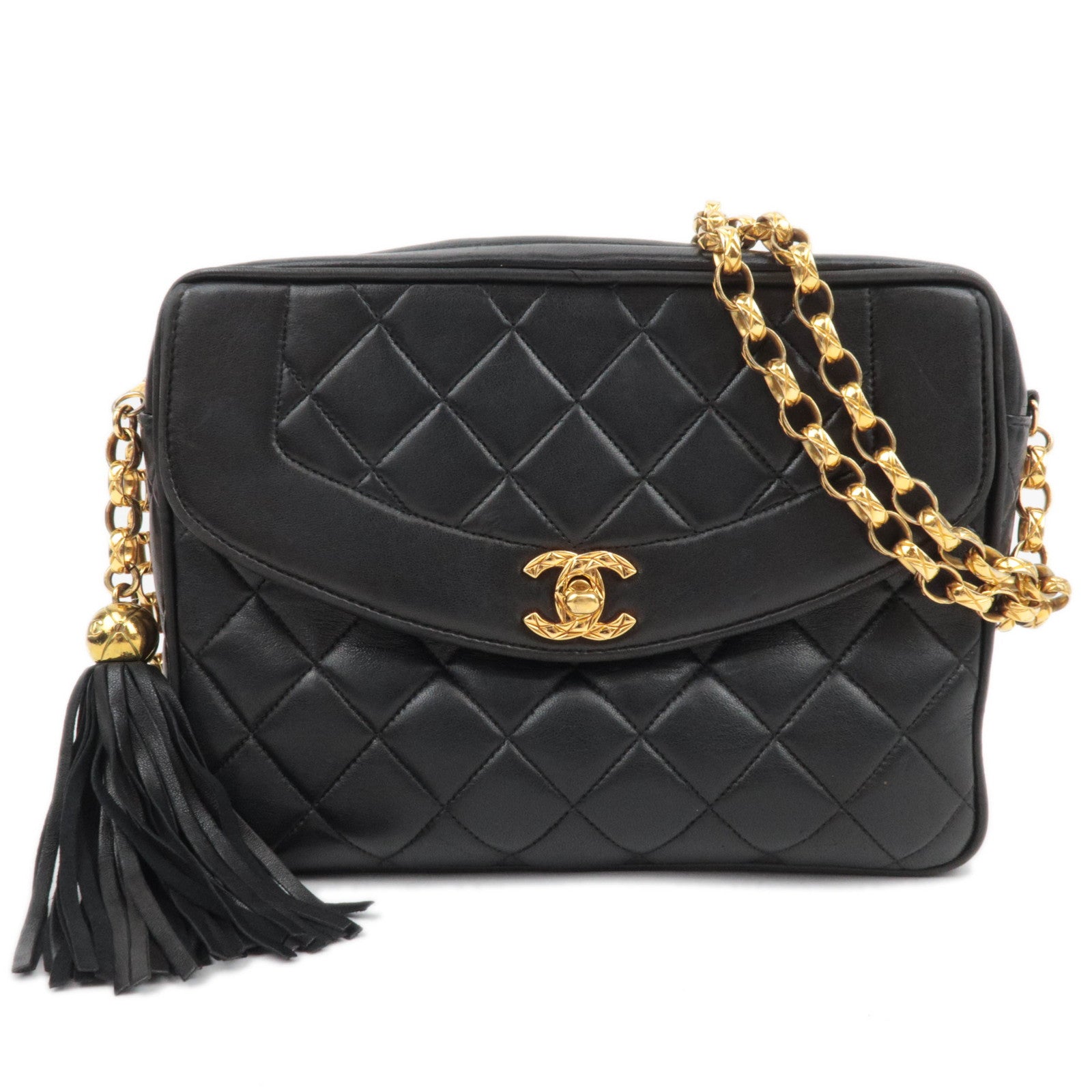 CHANEL Matelasse Diana Lambskin Flap Chain Shoulder Bag Black Gold HDW88442