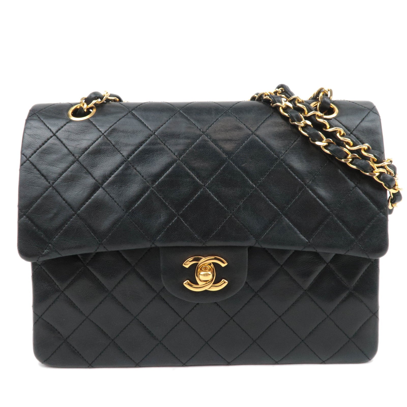 CHANEL Matelasse 25 Double Flap Lambskin Chain Shoulder Bag Black Gold HDW88443