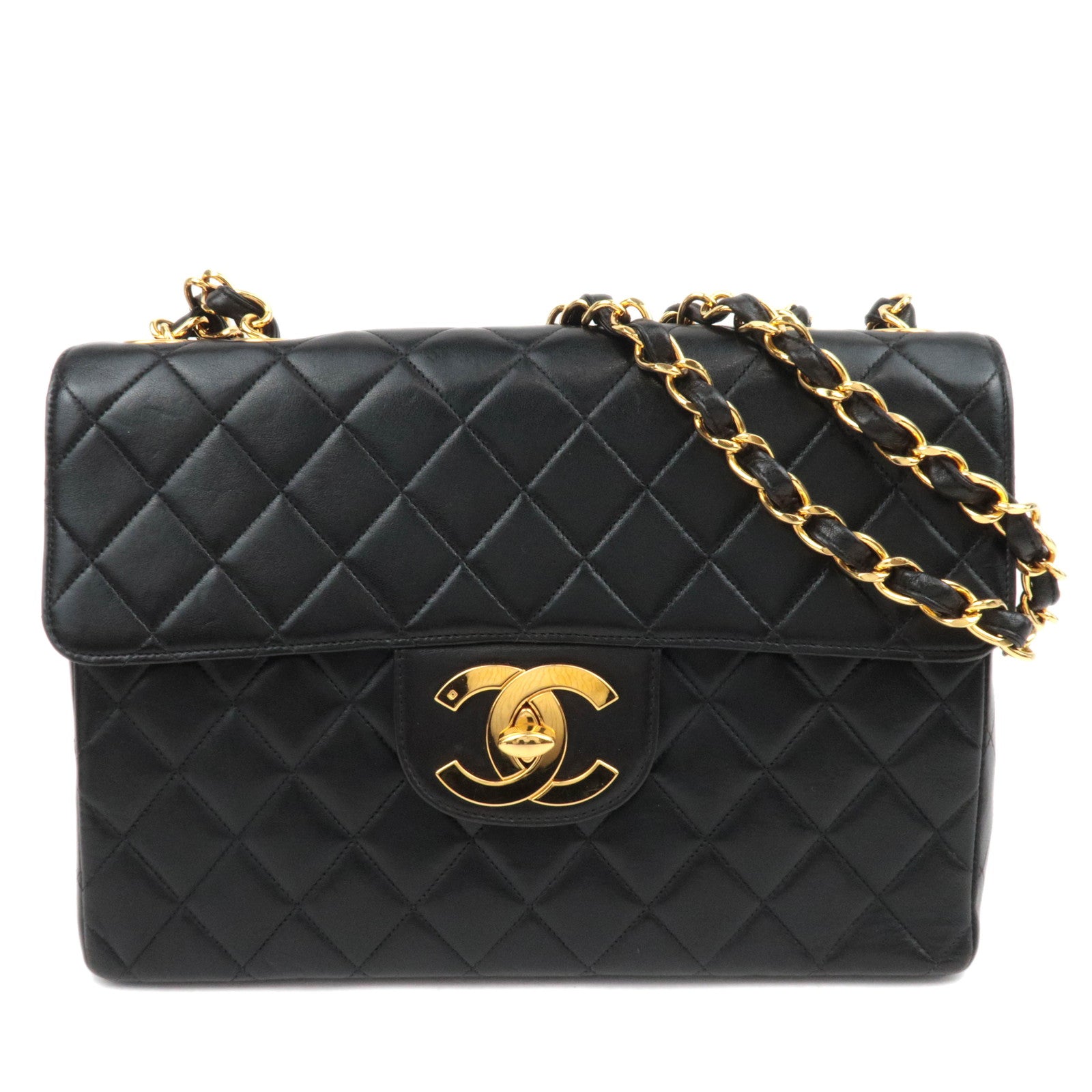 CHANEL Jumbo Matelasse 30 Lambskin Chain Shoulder Bag Black Gold HDW88444