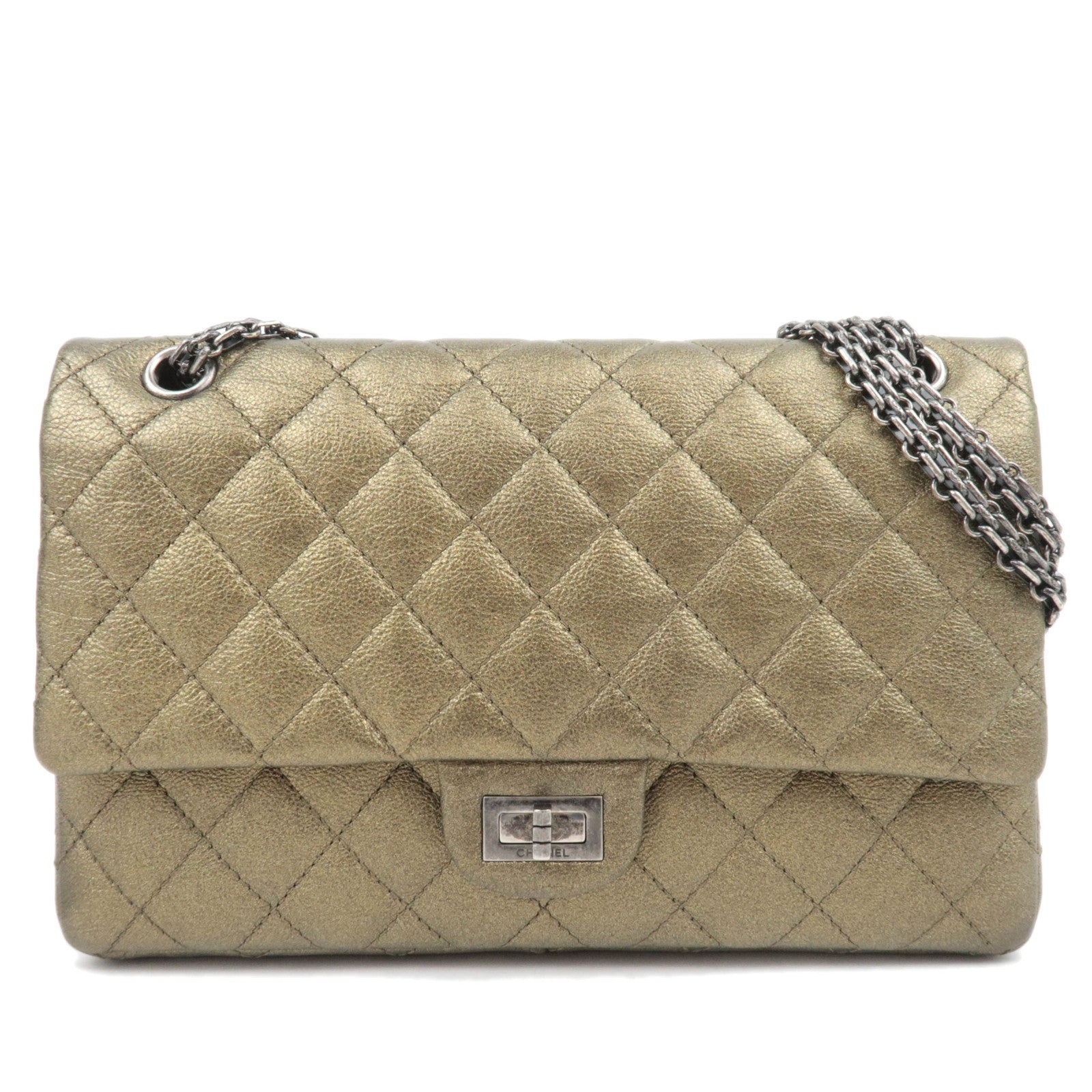 CHANEL 2.55 Matelasse Double Flap Caviarskin Chain Shoulder Bag Khaki88446