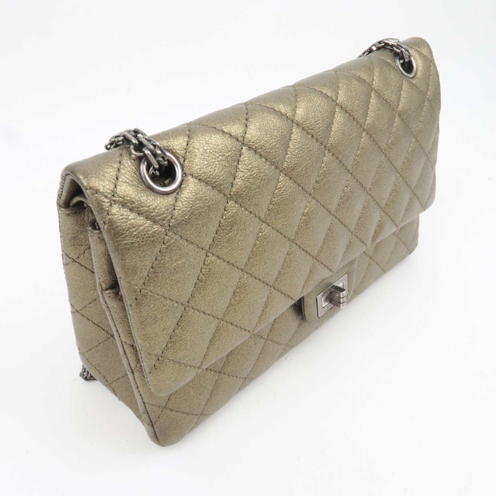 CHANEL 2.55 Matelasse Double Flap Caviarskin Chain Shoulder Bag Khaki