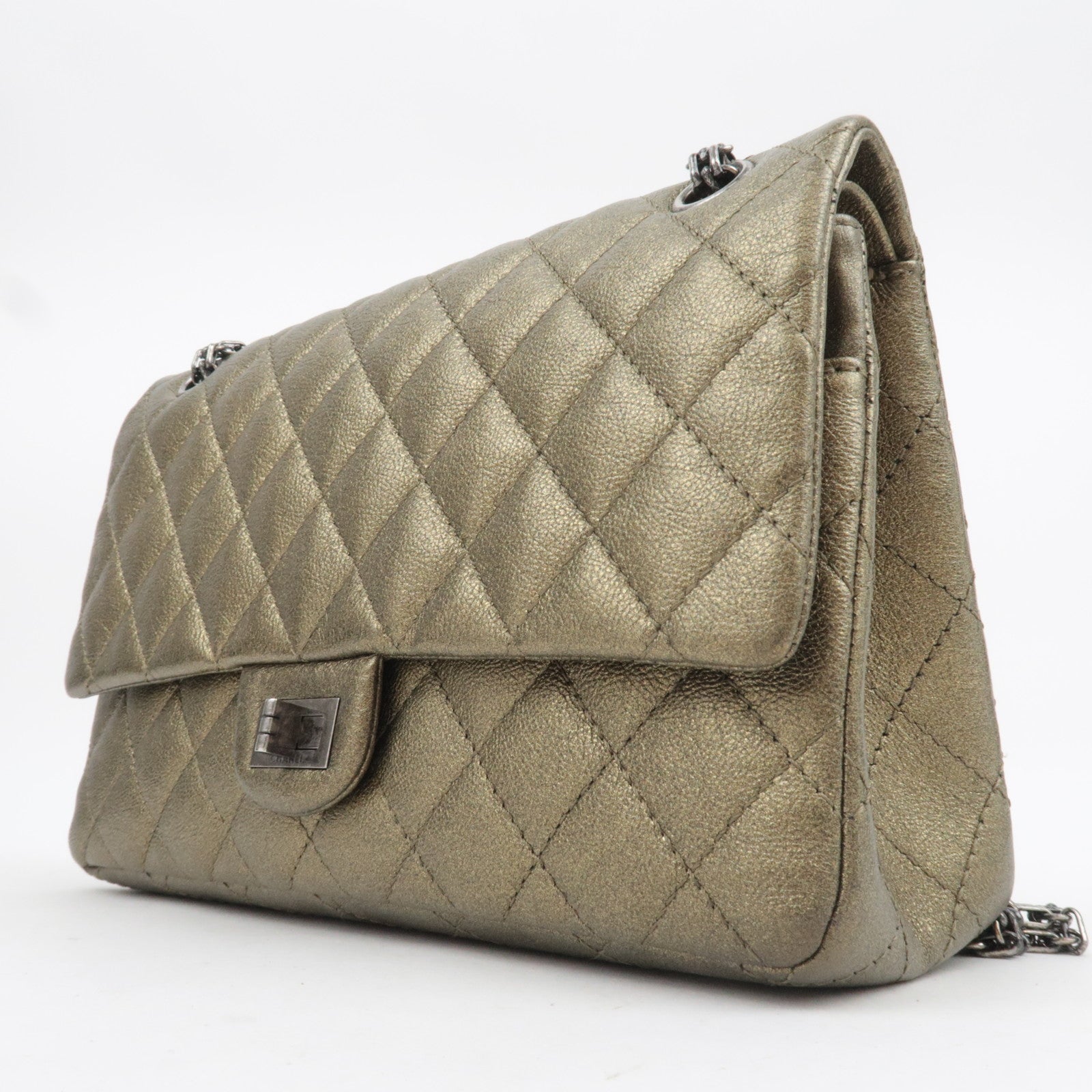 CHANEL 2.55 Matelasse Double Flap Caviarskin Chain Shoulder Bag Khaki