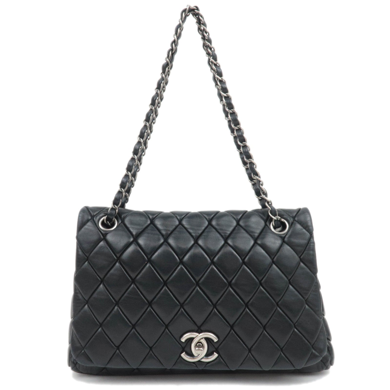 CHANEL Bubble Matelasse Chain Lambskin Shoulder Bag Black Silver HDW88447