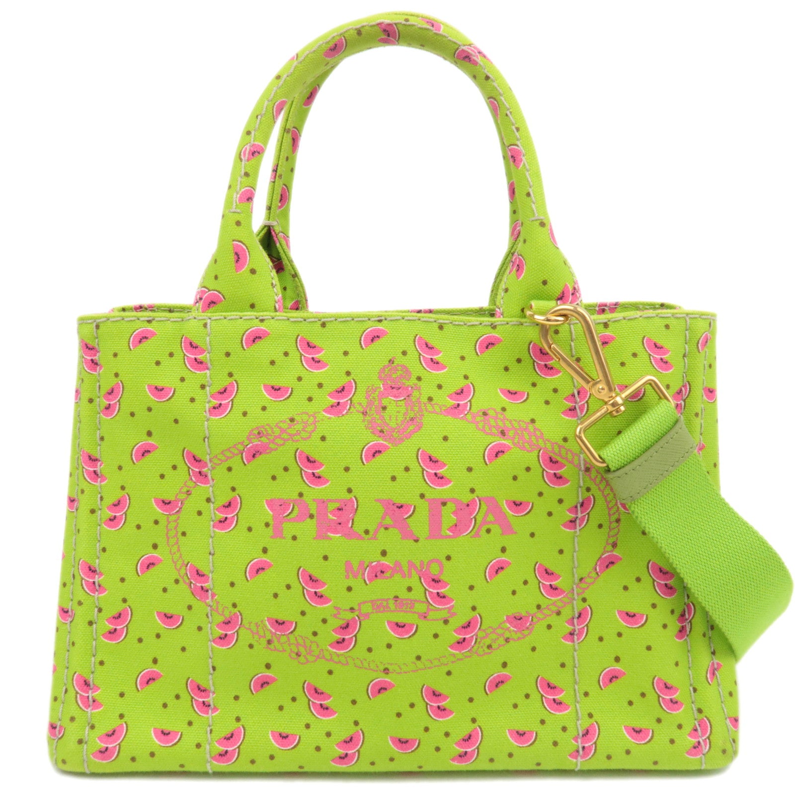 PRADA Canapa Mini 2Way Canvas Tote Bag Watermelon Print Light Green 1BG43988466