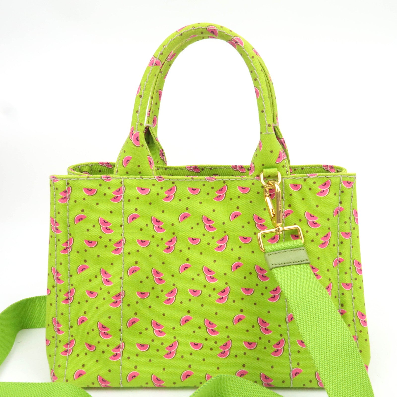 PRADA Canapa Mini 2Way Canvas Tote Bag Watermelon Print Light Green 1BG439
