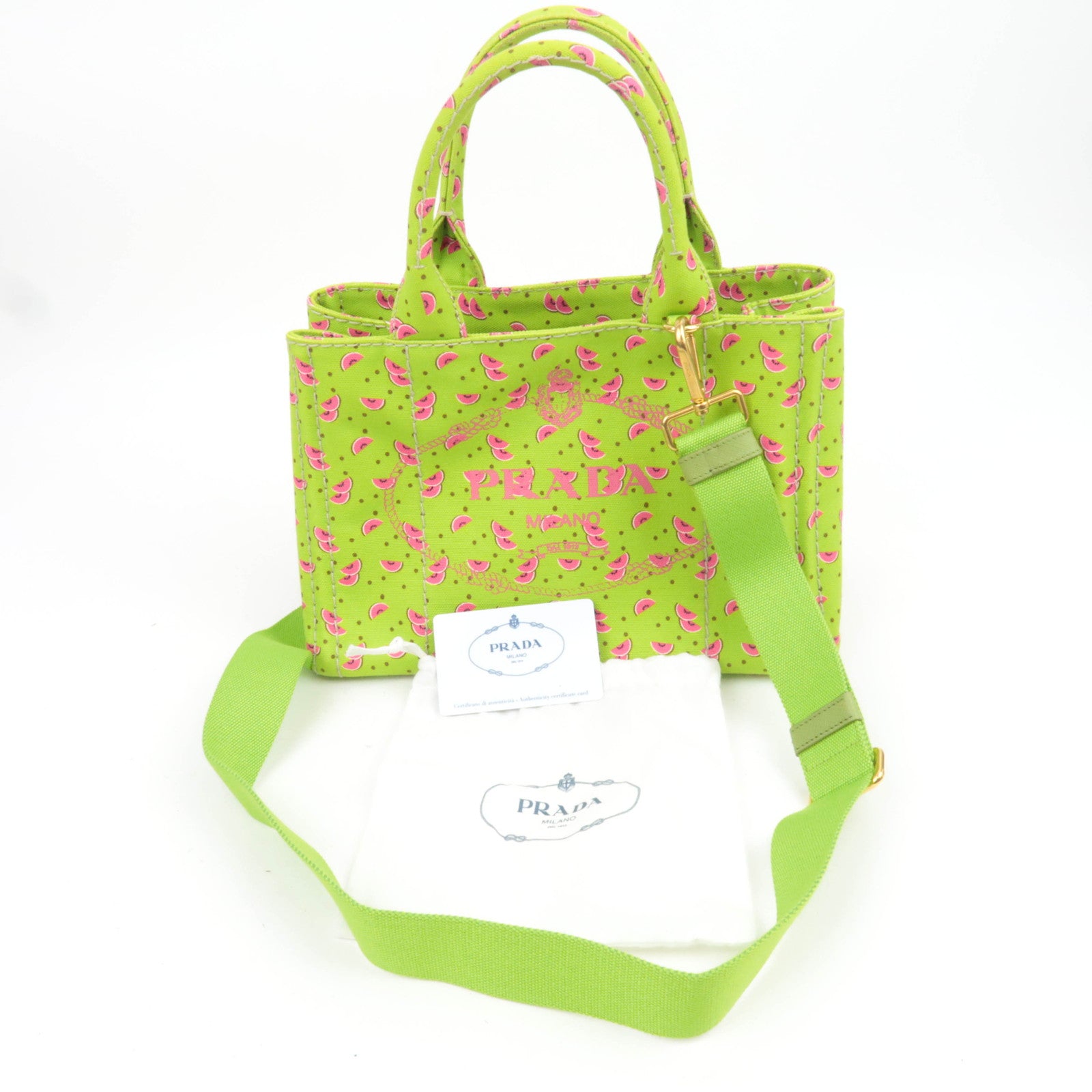 PRADA Canapa Mini 2Way Canvas Tote Bag Watermelon Print Light Green 1BG439