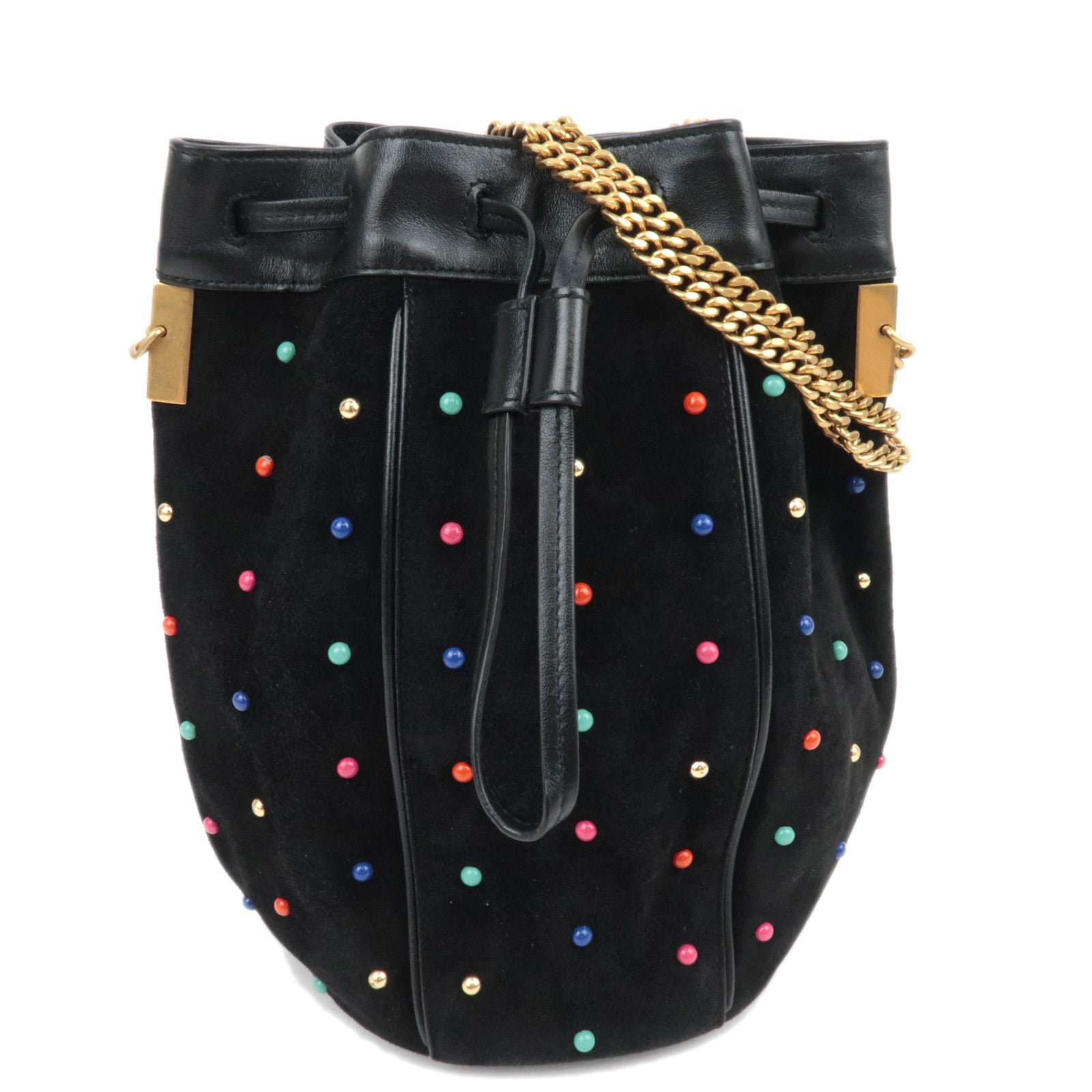 SAINT LAURENT Beaded Bucket Suede Chain Shoulder Bag Black 56520588497