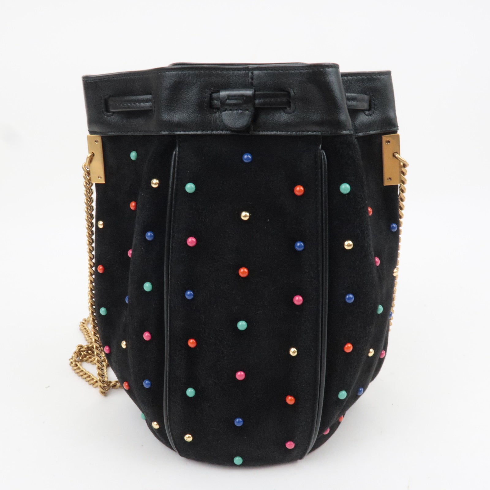 SAINT LAURENT Beaded Bucket Suede Chain Shoulder Bag Black 565205