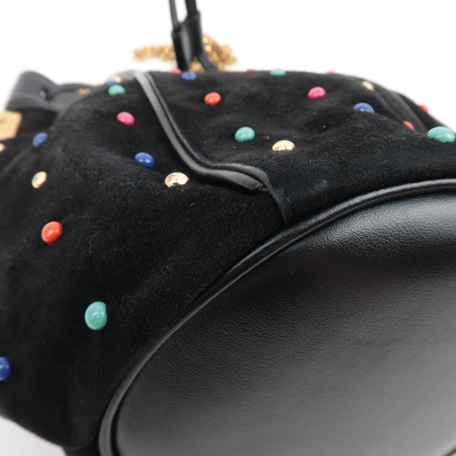 SAINT LAURENT Beaded Bucket Suede Chain Shoulder Bag Black 565205