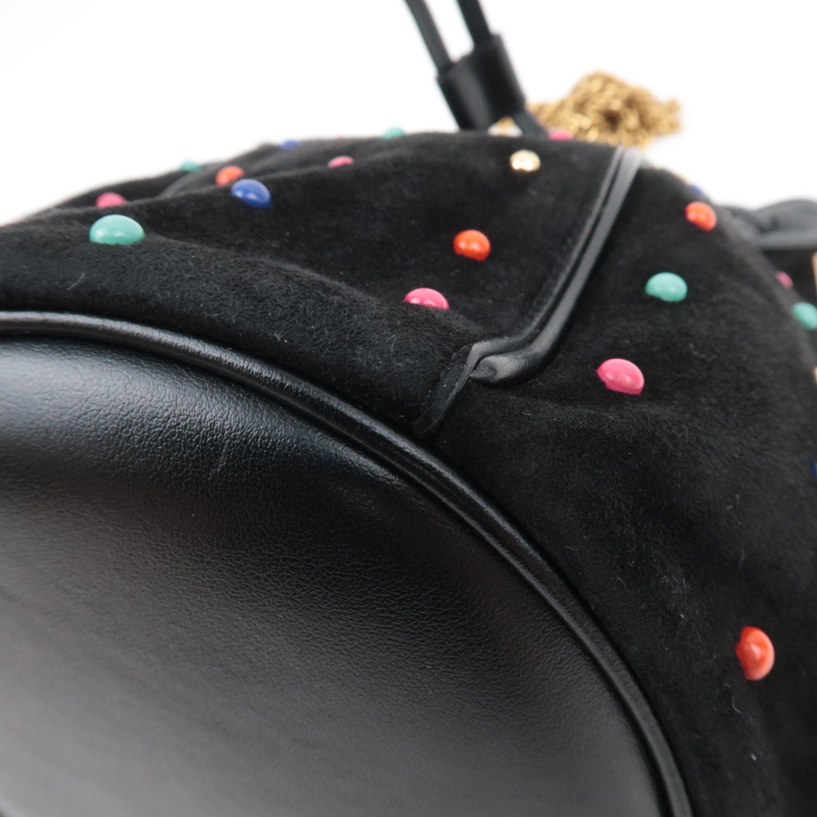 SAINT LAURENT Beaded Bucket Suede Chain Shoulder Bag Black 565205