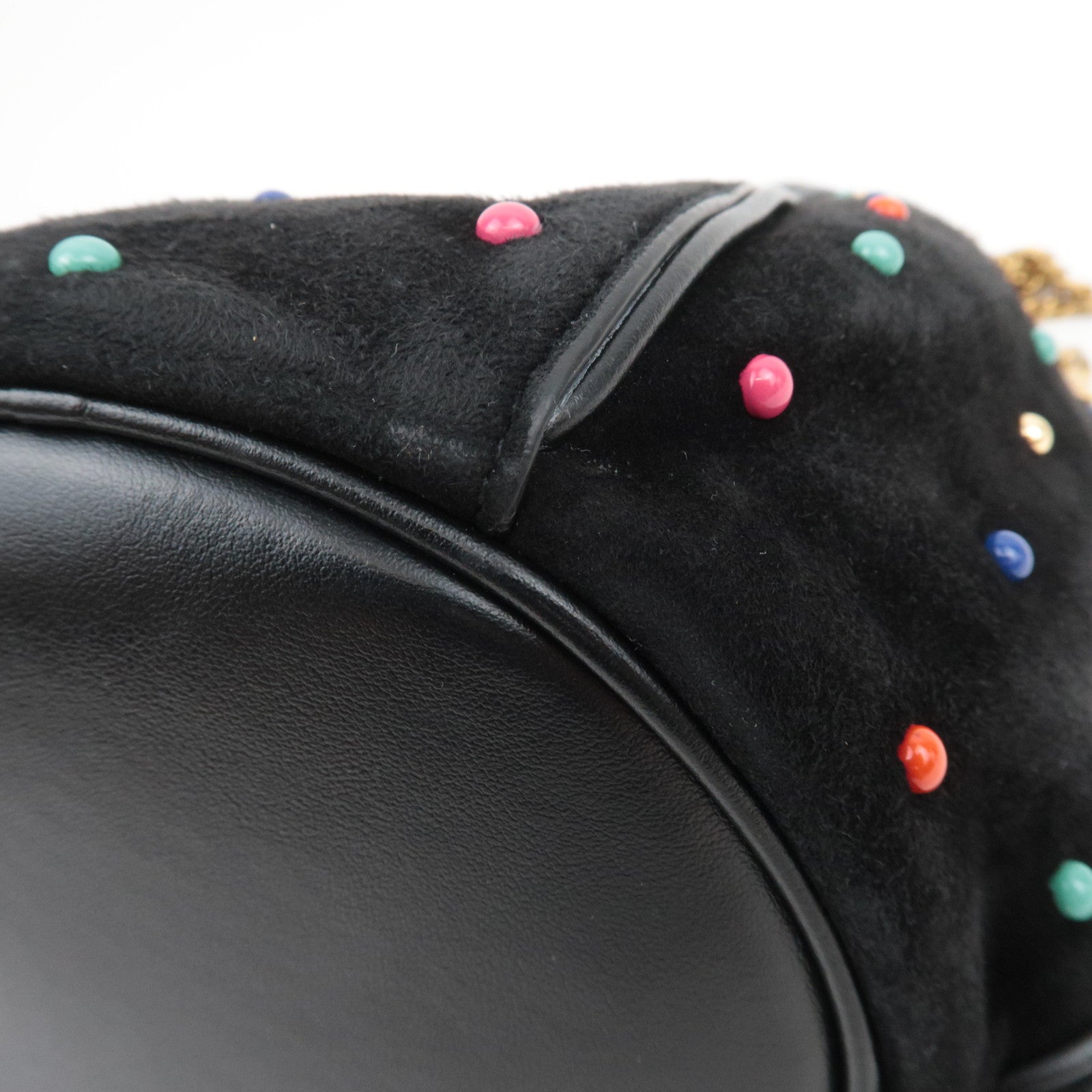 SAINT LAURENT Beaded Bucket Suede Chain Shoulder Bag Black 565205